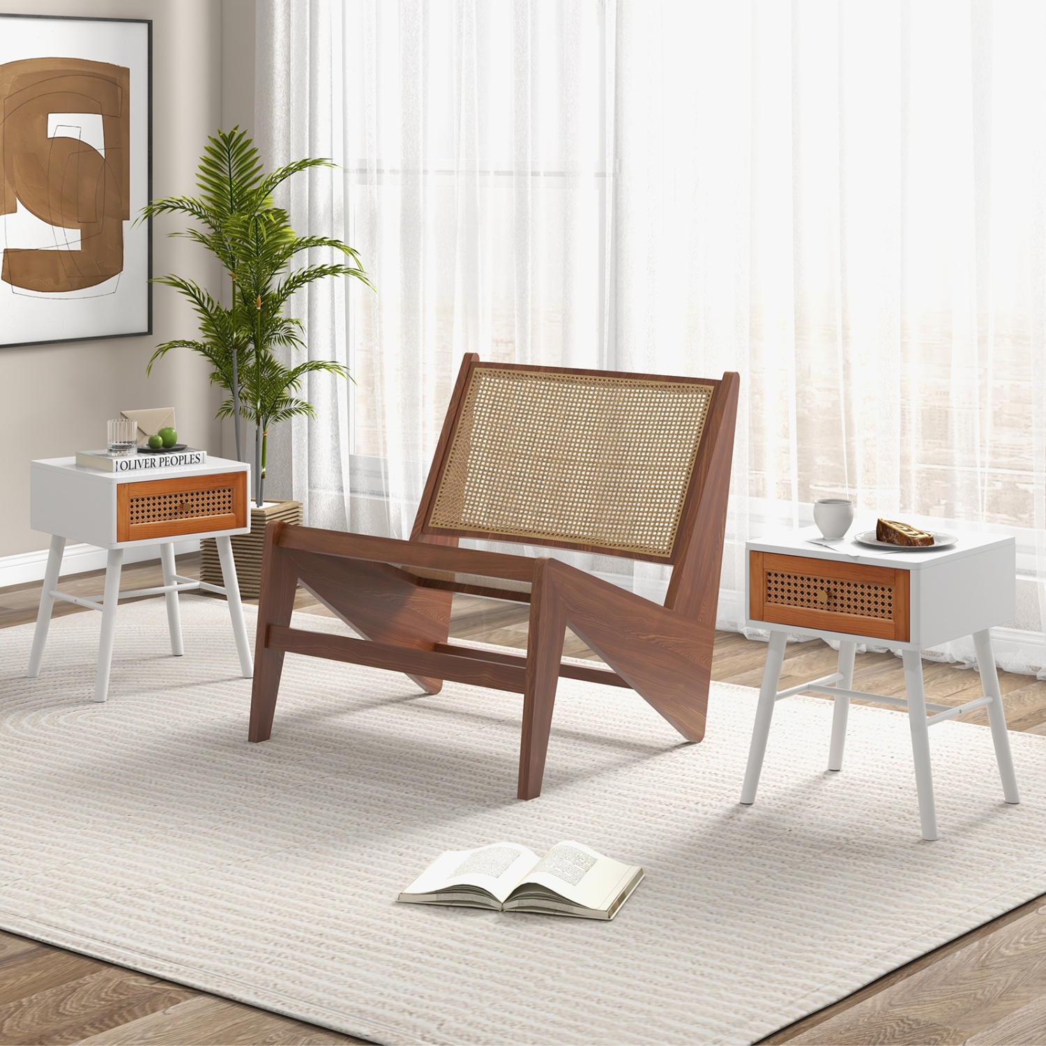 Table de chevet en rotin tressé avec tiroir, table de chevet de style milieu de siècle