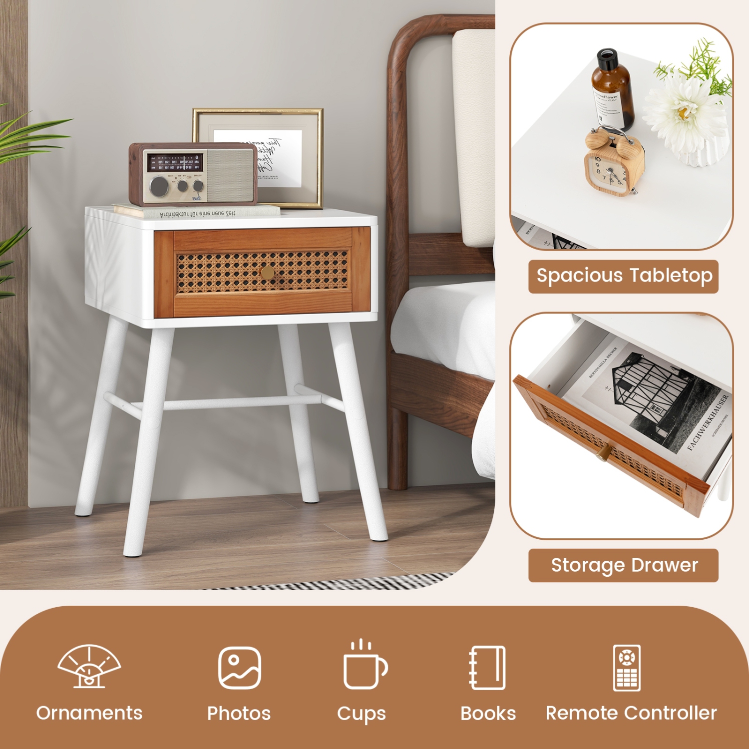 Table de chevet en rotin tressé avec tiroir, table de chevet de style milieu de siècle