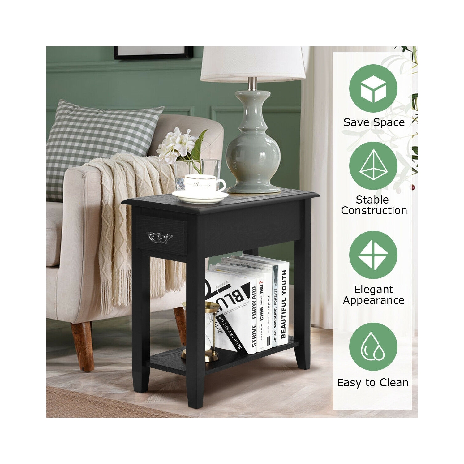 Table de chevet à 2 niveaux pour canapé d'appoint Table de chevet étroite - Noir