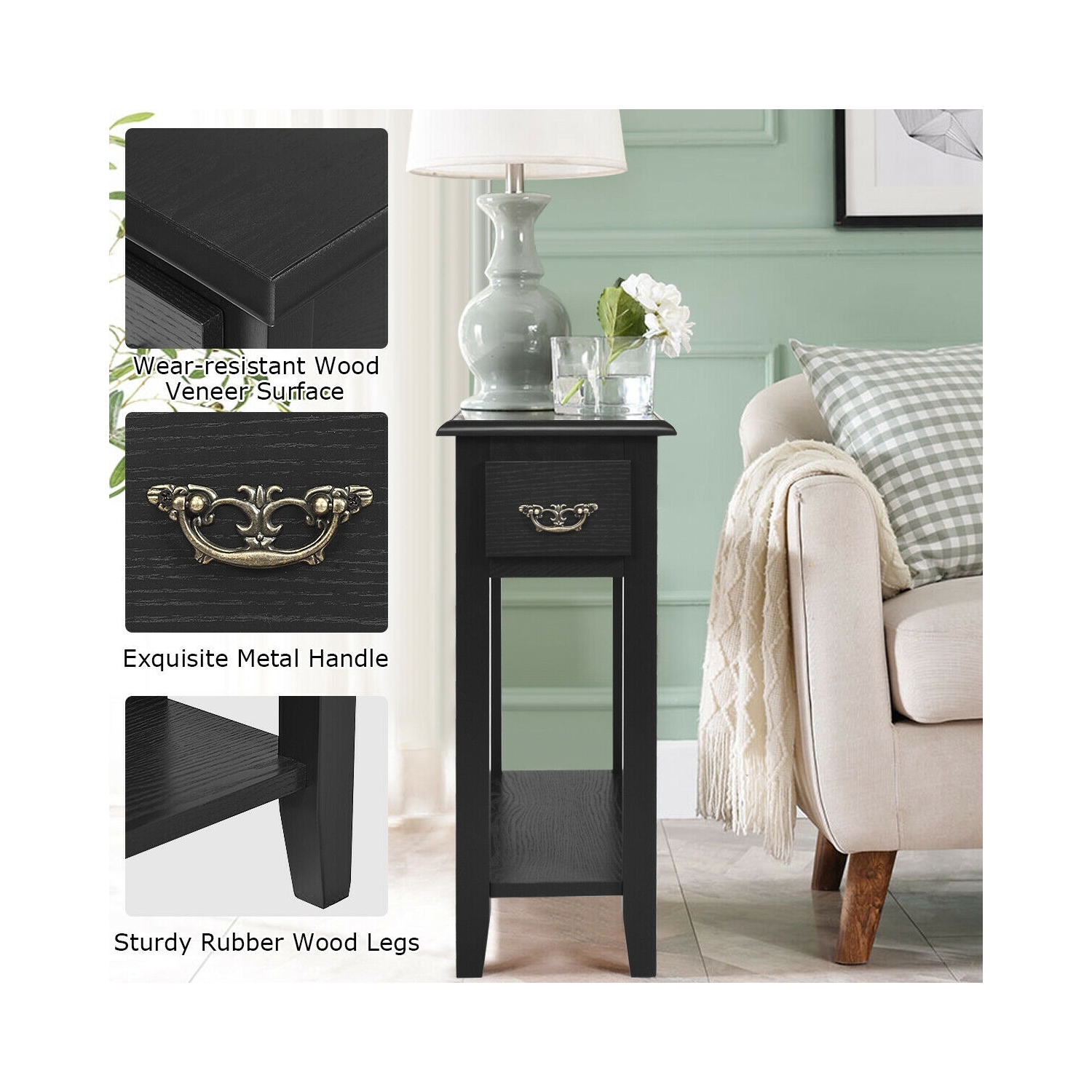 Table de chevet à 2 niveaux pour canapé d'appoint Table de chevet étroite - Noir