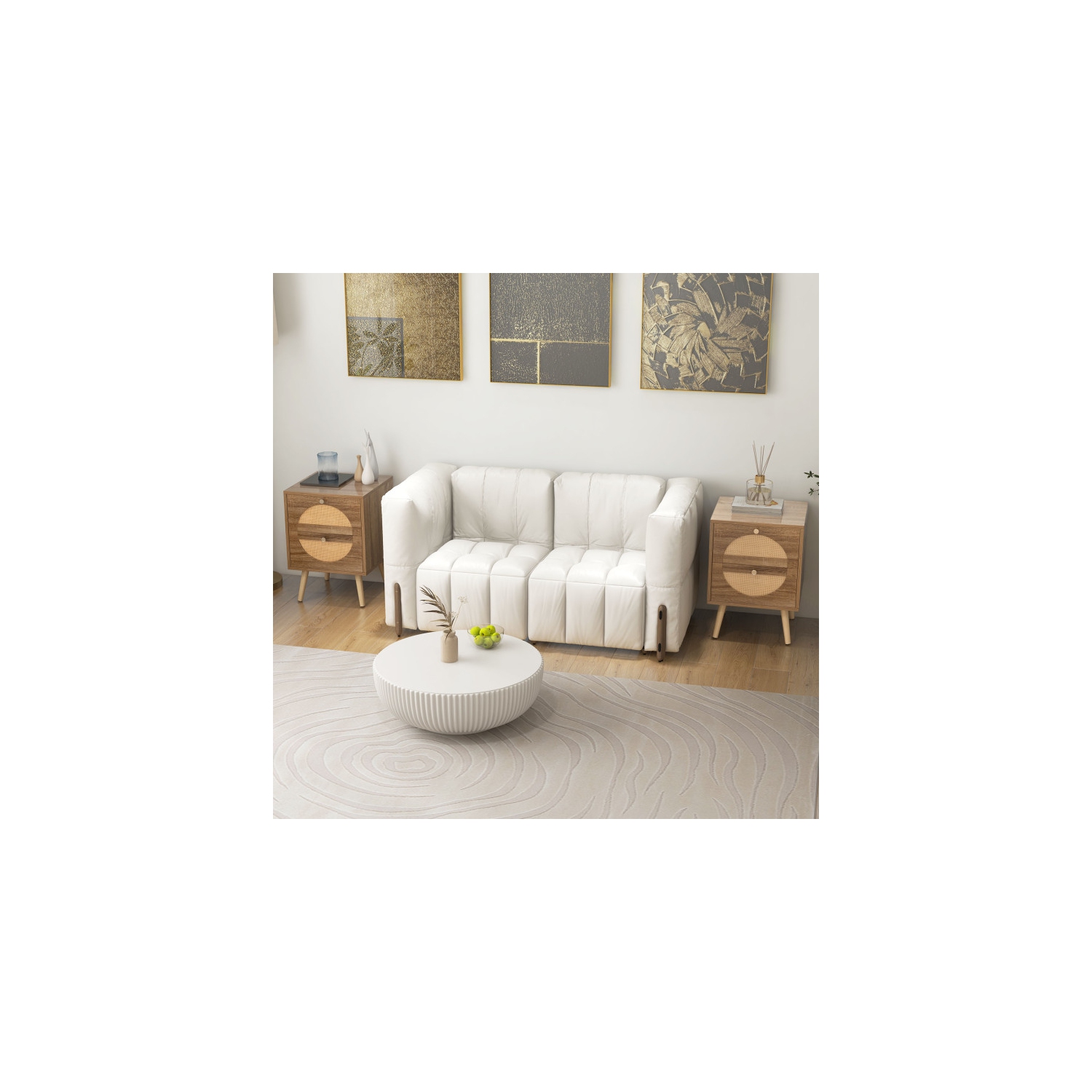 Ensemble de 2 tables de chevet en rotin à 2 tiroirs et pattes en bois massif pour chambre à coucher