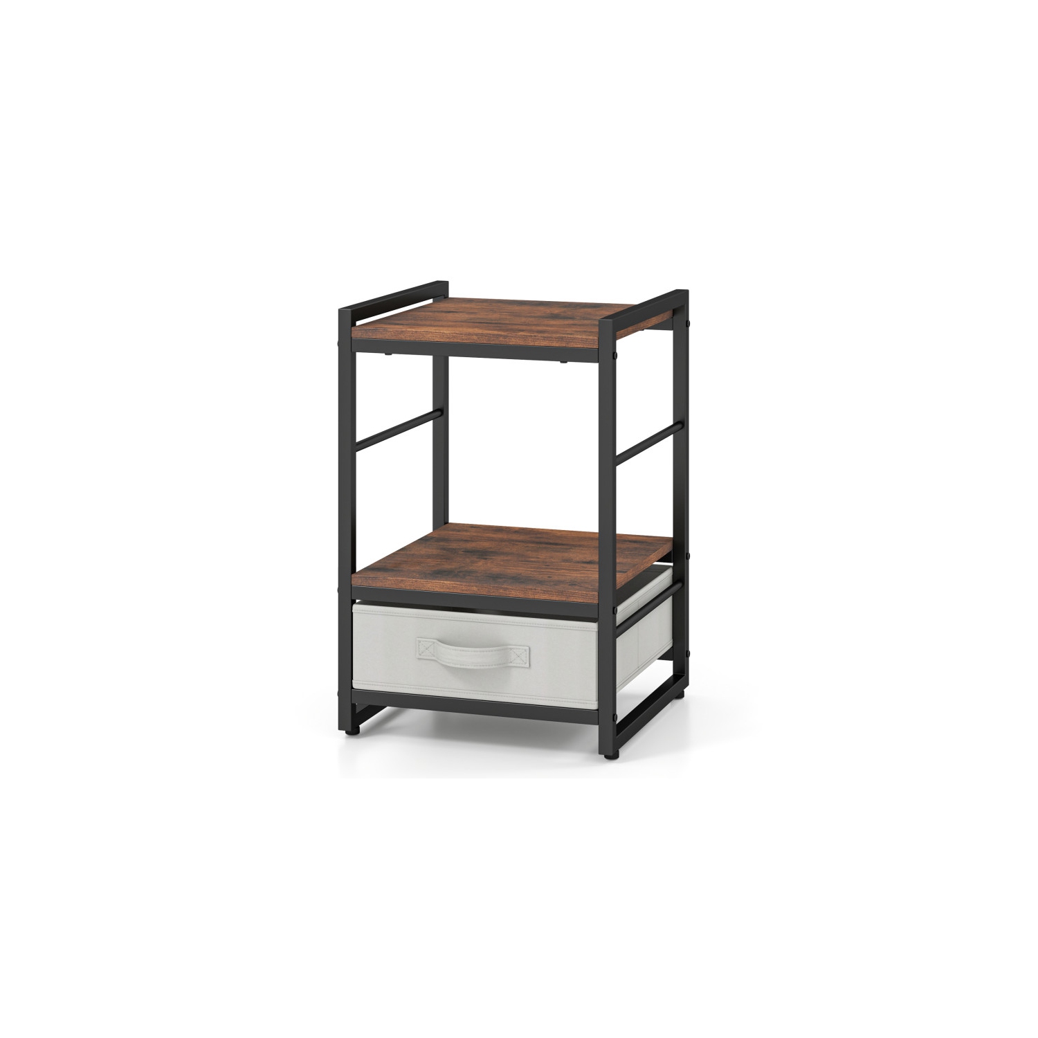 Table de chevet industrielle avec tablette ouverte et tiroir en tissu pour rangement de chambre à coucher