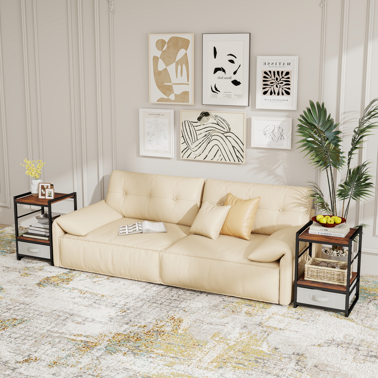 Table de chevet industrielle avec tablette ouverte et tiroir en tissu pour rangement de chambre à coucher