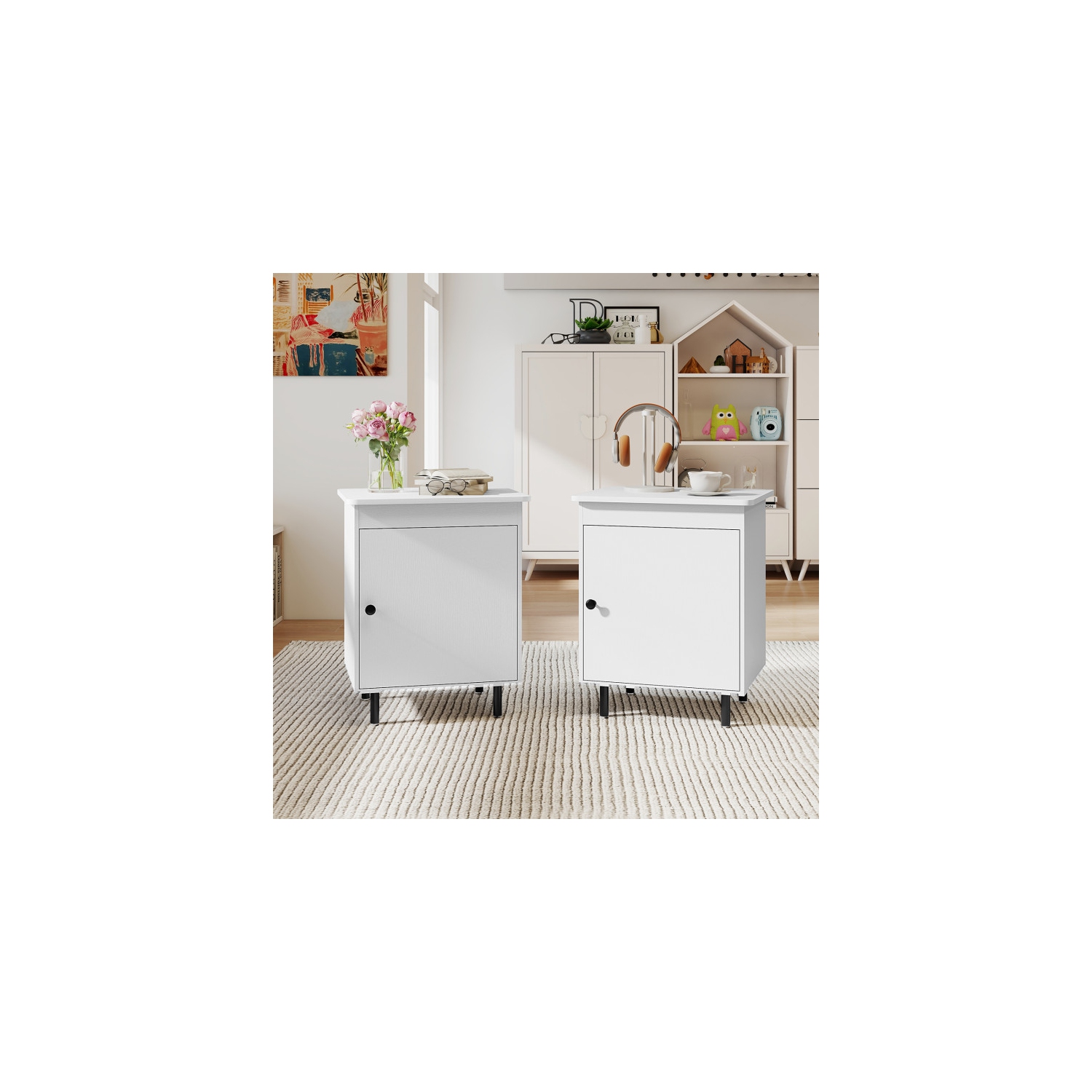 Ensemble de 2 tables de chevet de milieu de siècle – Tables de bout modernes avec porte et rangement dissimulé