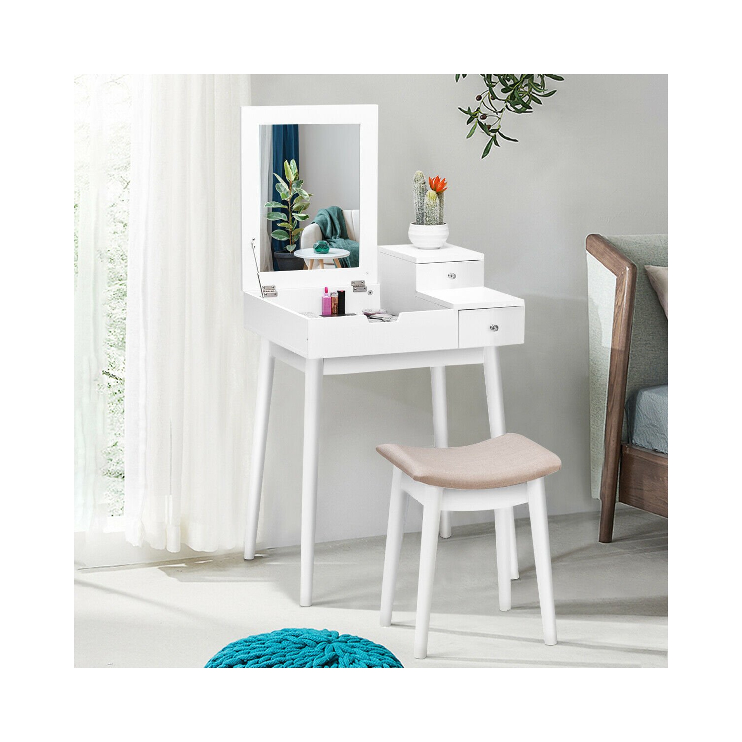 Compact Vanity Dressing Table Set – Flip Mirror Makeup Desk with Storage and Stool