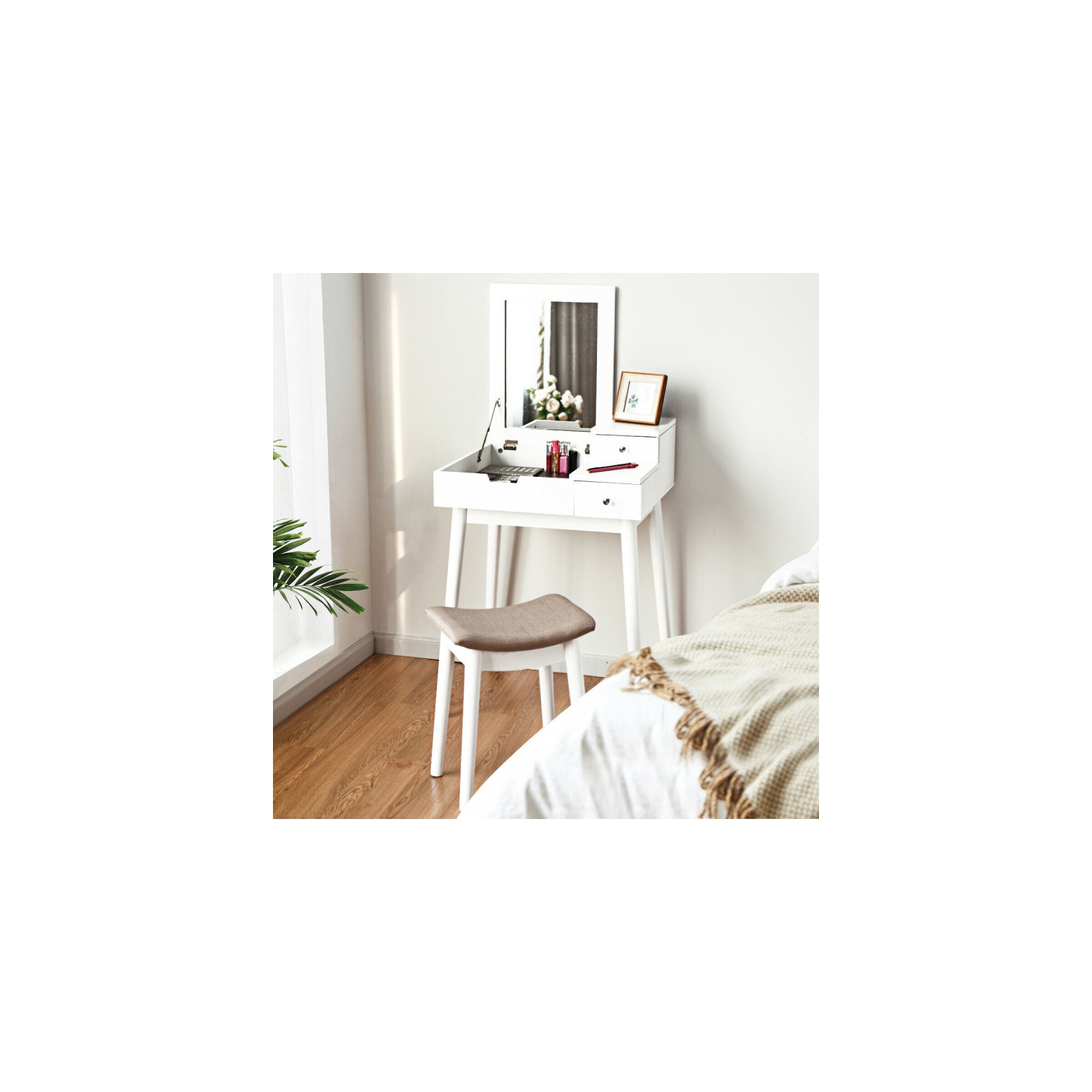 Compact Vanity Dressing Table Set – Flip Mirror Makeup Desk with Storage and Stool