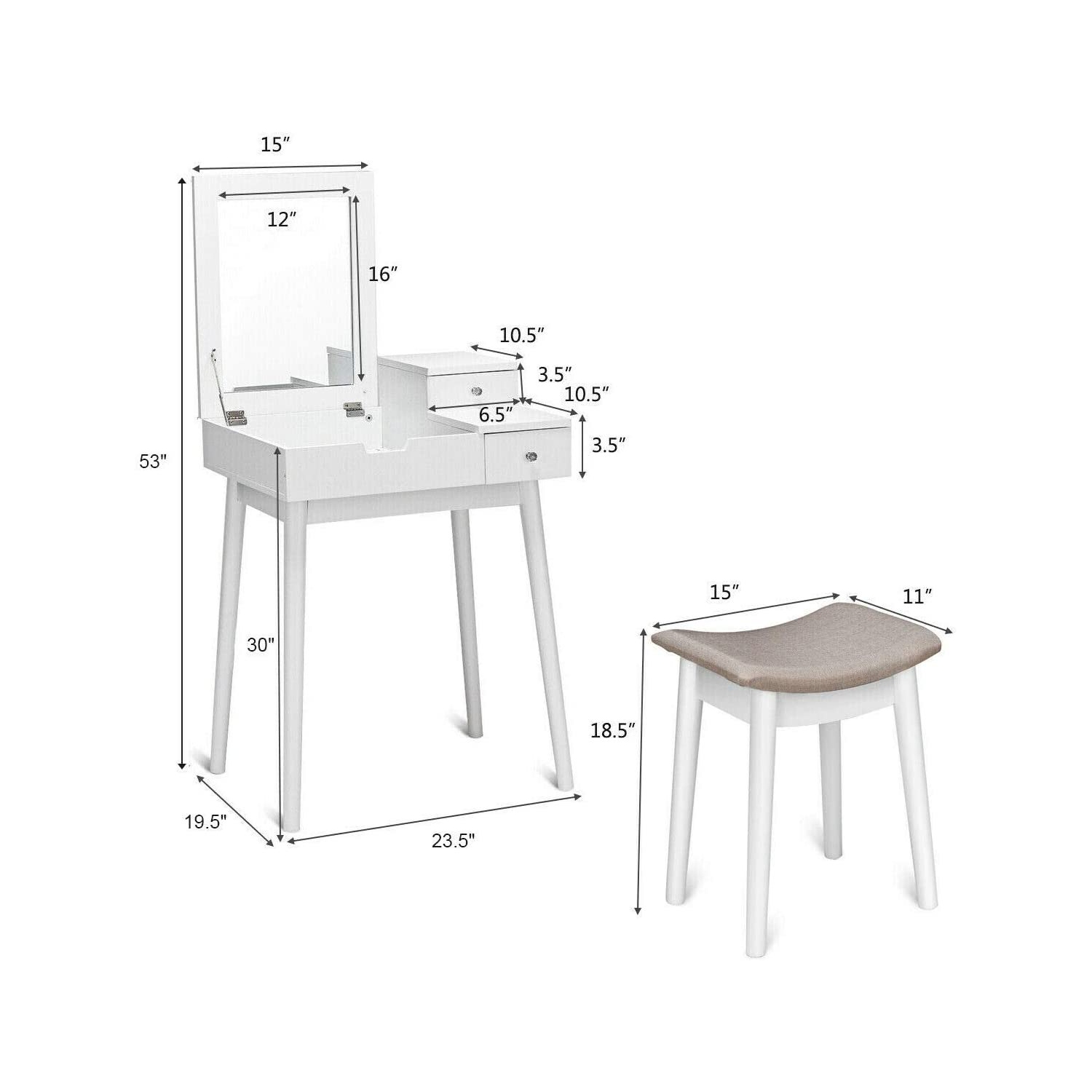 Compact Vanity Dressing Table Set – Flip Mirror Makeup Desk with Storage and Stool