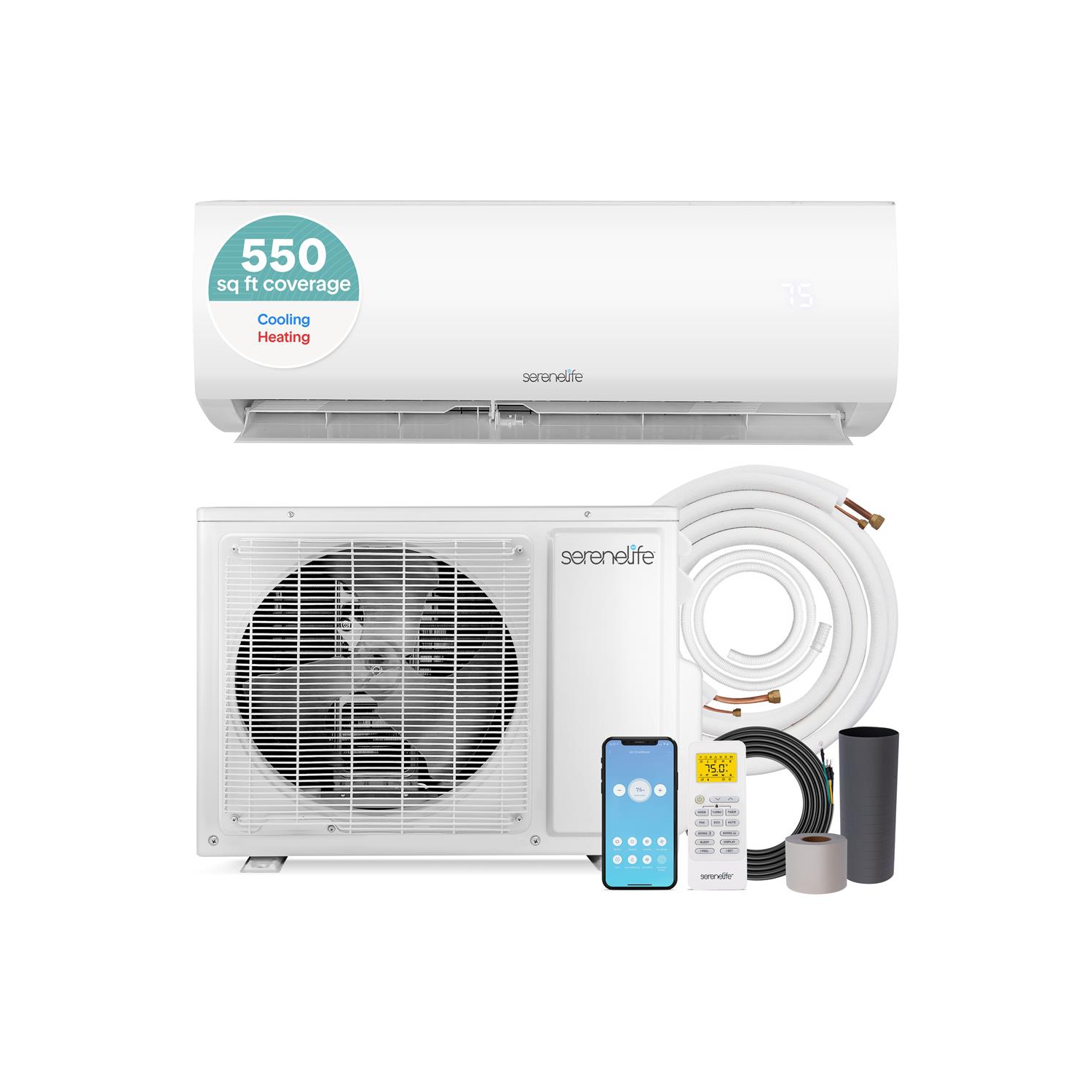 SereneLife 12,000 BTU Mini Split AC & Heating System, 208V Indoor & Outdoor Wall-Mounted Units with WiFi, Installation Kit Included for Home, Office