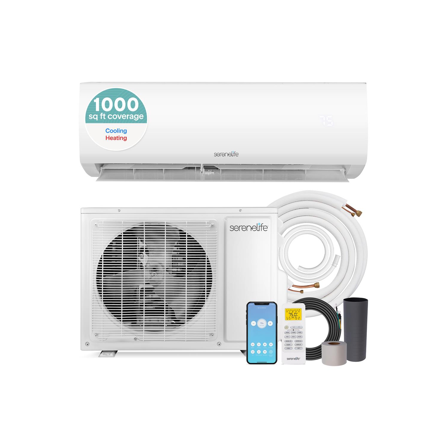 SereneLife 18,000 BTU Mini Split AC & Heater, 208V Wall-Mounted Indoor/Outdoor Units, WiFi, Install Kit, Cools & Heats Rooms Up to 1000 Sq. Ft. –
