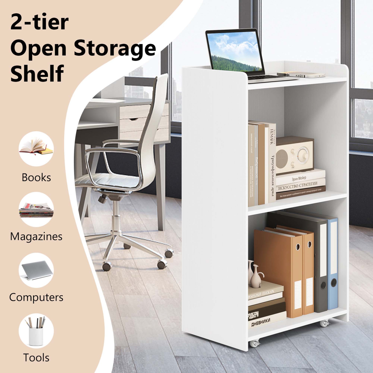 Gymax Set of 2 Rolling Podium Stand Mobile Lectern Stand w/ 2 Shelves & Lockable Wheels