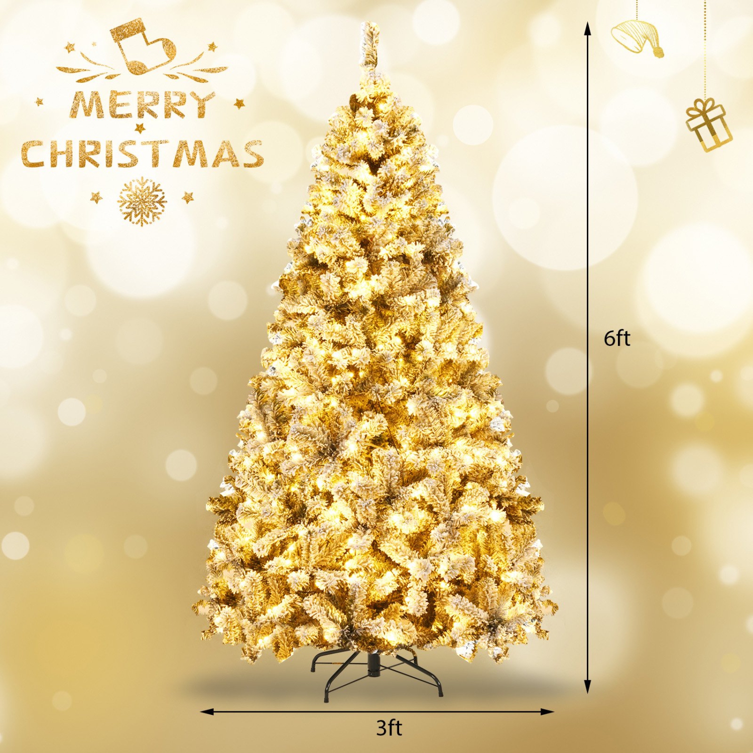 Arbre de Noël artificiel à charnières avec pointes floquées de neige et lumières chaudes illuminées