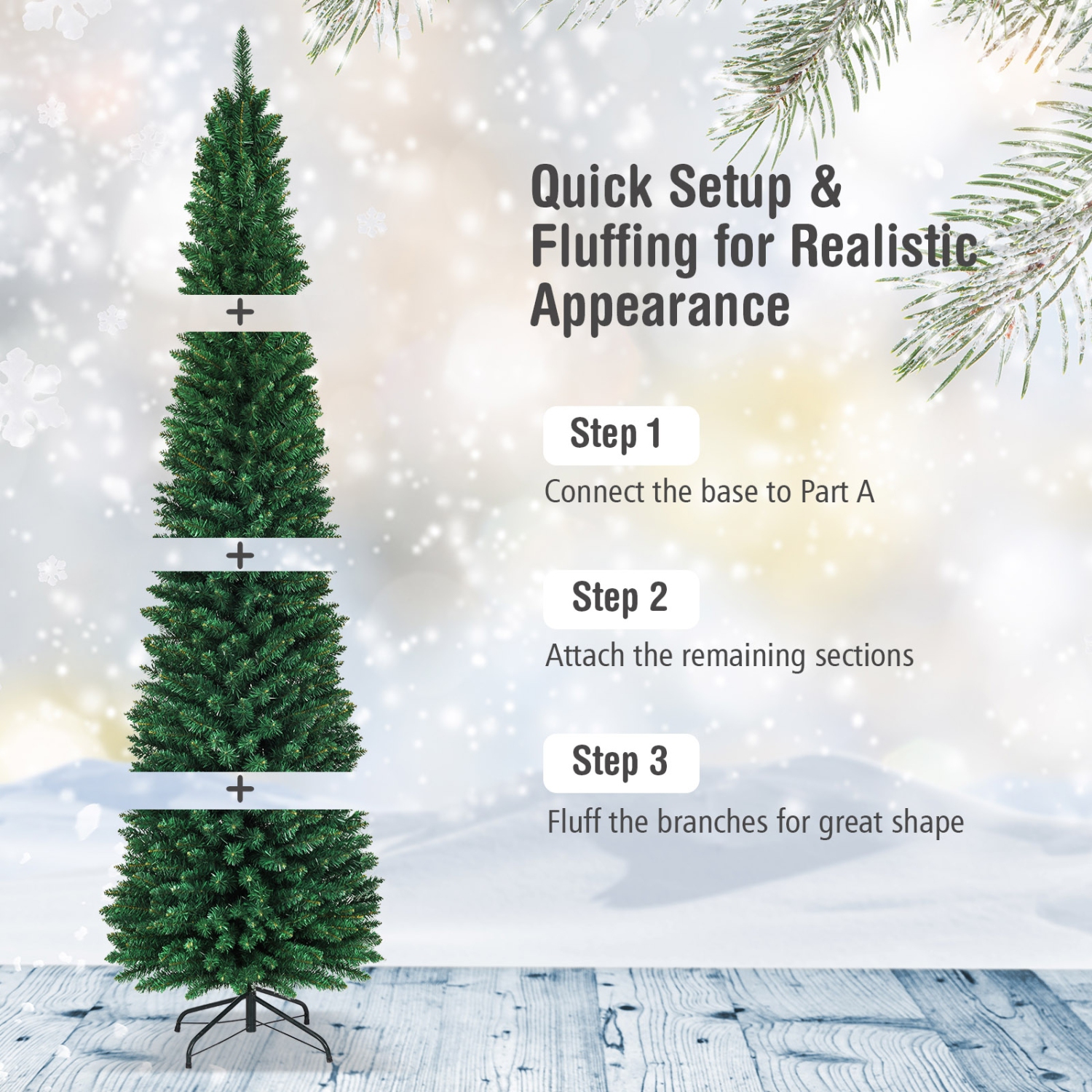 Arbre de Noël artificiel haut et étroit en PVC avec un crayon compact