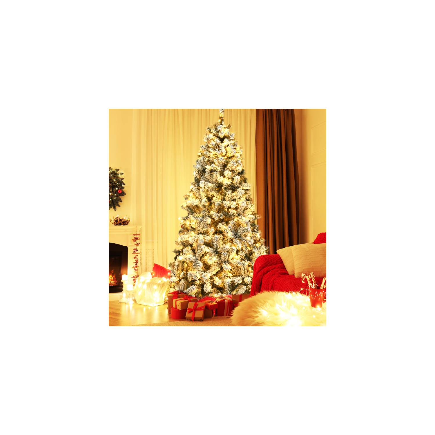 Arbre artificiel illuminé floqué de neige avec branches à charnières pour décorations saisonnières