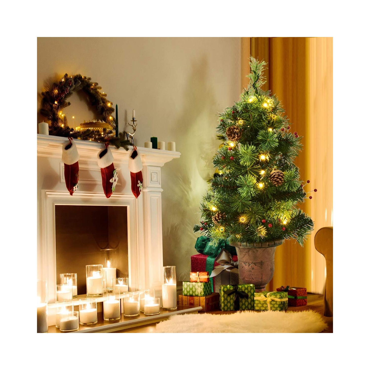 LED Christmas Tree with Red Berries and Pine Cones for Festive Holiday Decor