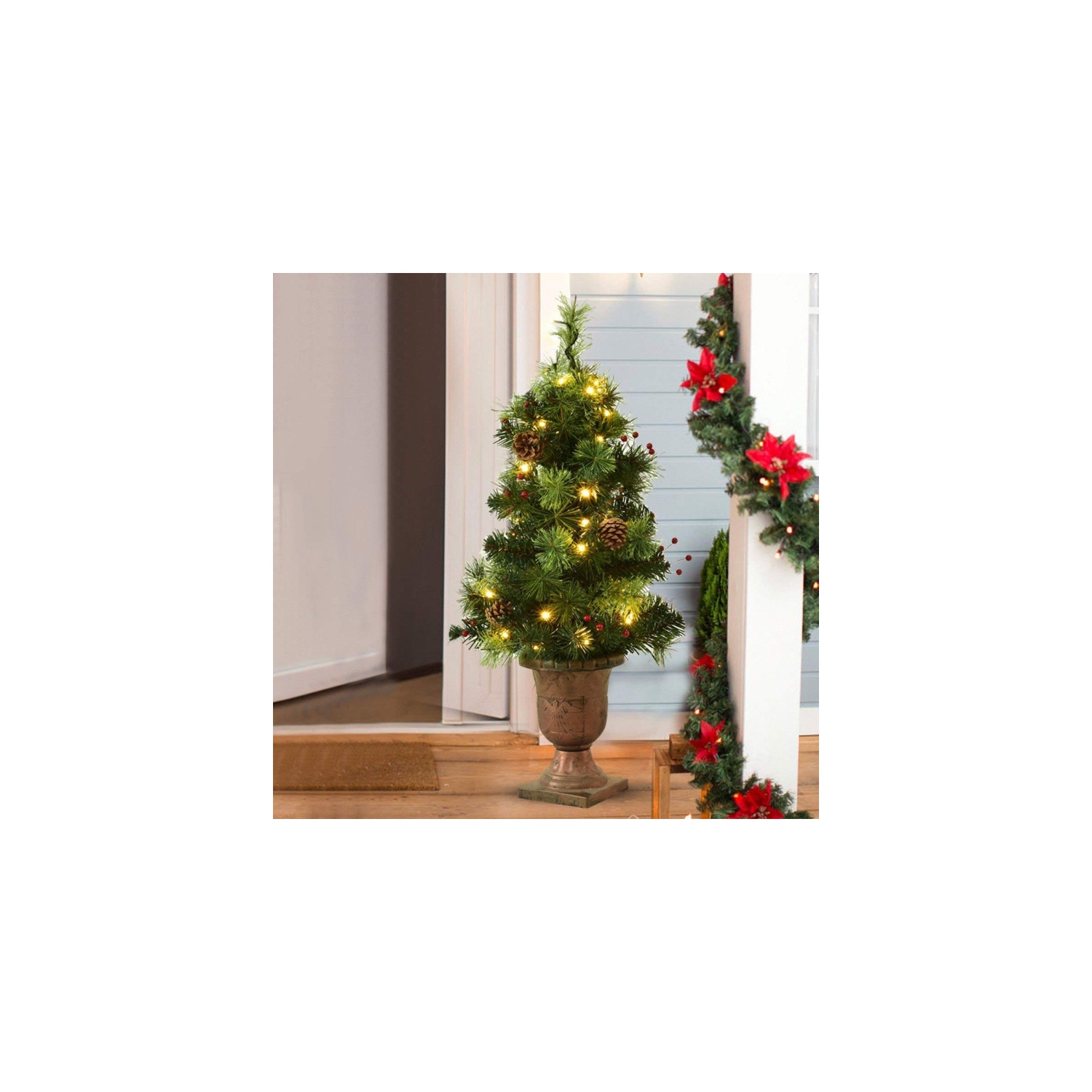 LED Christmas Tree with Red Berries and Pine Cones for Festive Holiday Decor