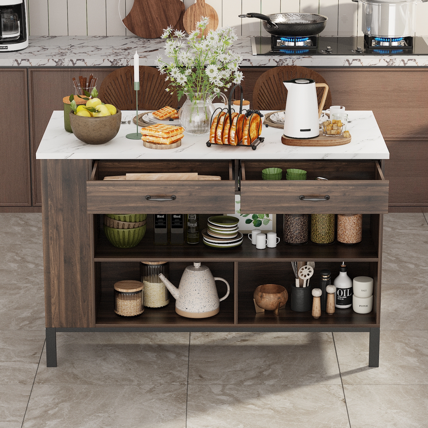 Famapy Modern Kitchen Island with Faux Marble Top and Storage Cabinets – 55.2" Multi-Function Buffet Sideboard with Drawers