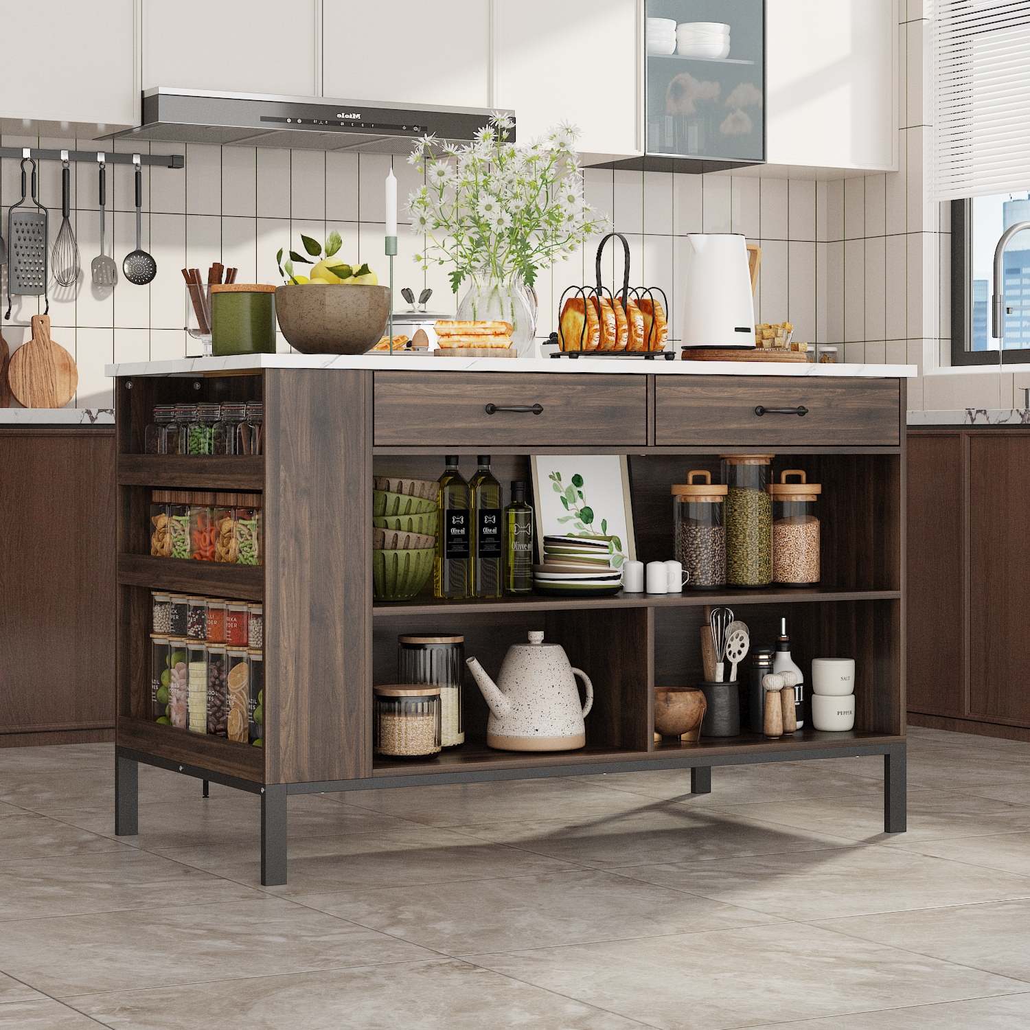 Famapy Modern Kitchen Island with Faux Marble Top and Storage Cabinets – 55.2" Multi-Function Buffet Sideboard with Drawers