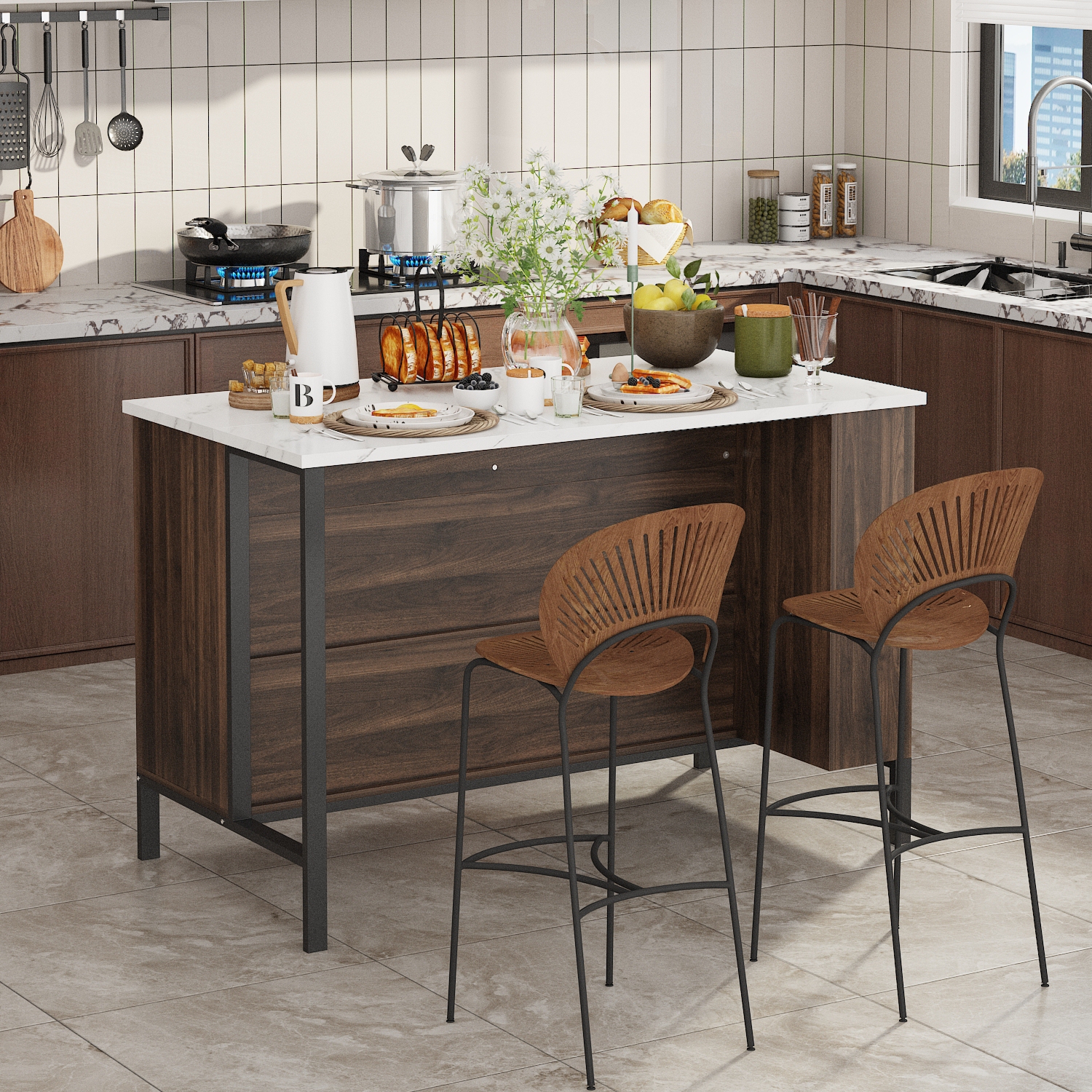 Famapy Modern Kitchen Island with Faux Marble Top and Storage Cabinets – 55.2" Multi-Function Buffet Sideboard with Drawers