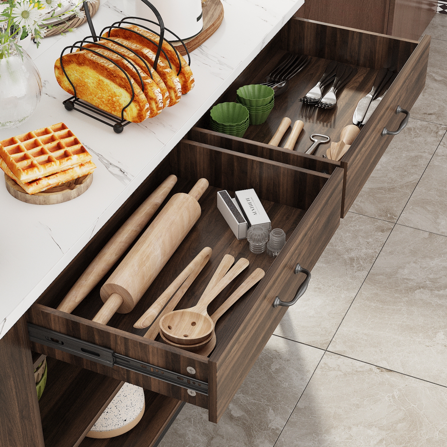 Famapy Modern Kitchen Island with Faux Marble Top and Storage Cabinets – 55.2" Multi-Function Buffet Sideboard with Drawers