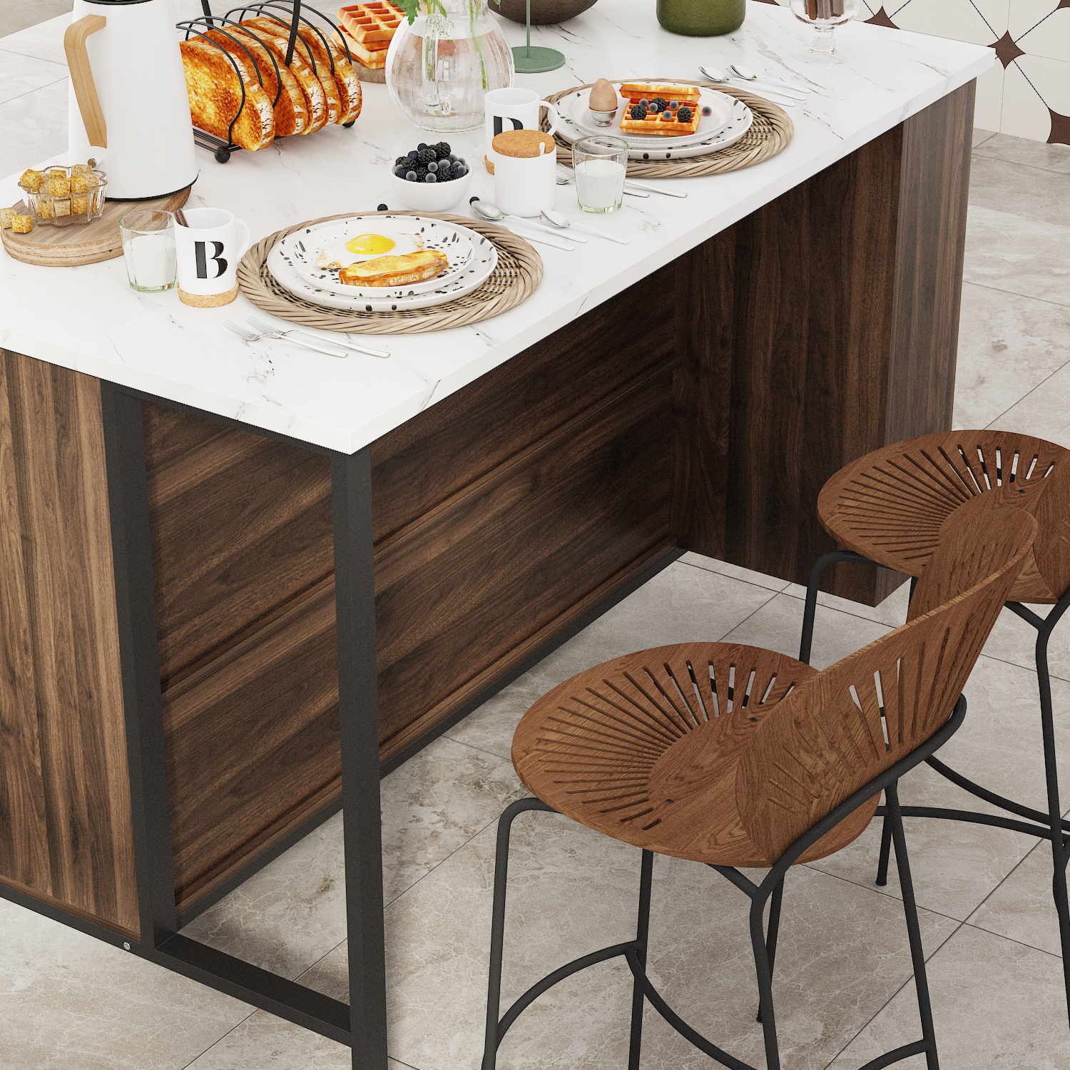 Famapy Modern Kitchen Island with Faux Marble Top and Storage Cabinets – 55.2" Multi-Function Buffet Sideboard with Drawers