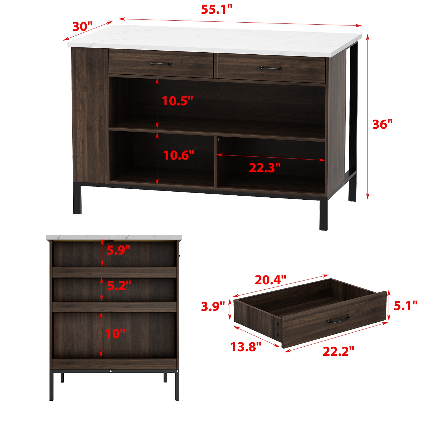 Famapy Modern Kitchen Island with Faux Marble Top and Storage Cabinets – 55.2" Multi-Function Buffet Sideboard with Drawers