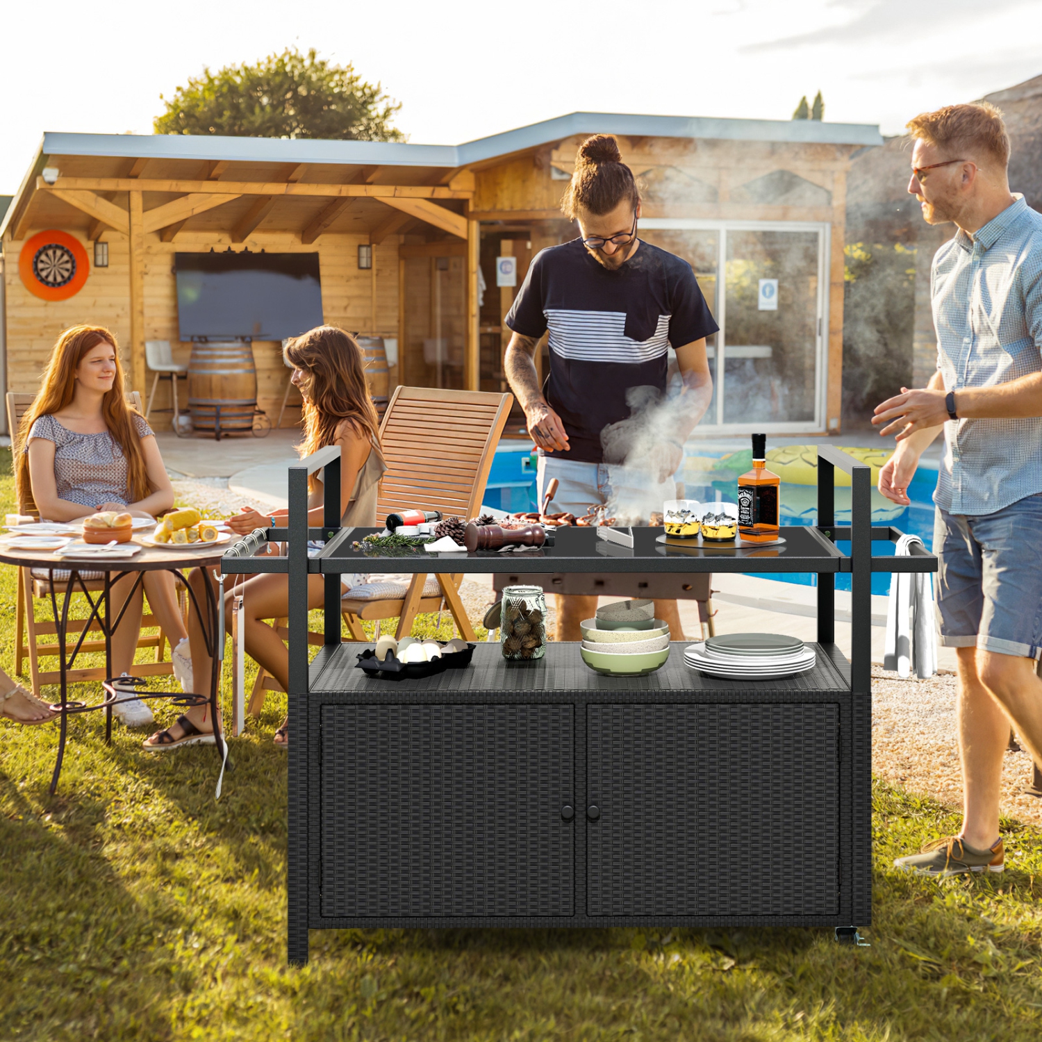 Chariot de service extérieur résistant aux intempéries avec armoire de rangement et crochets pour la piscine ou la terrasse