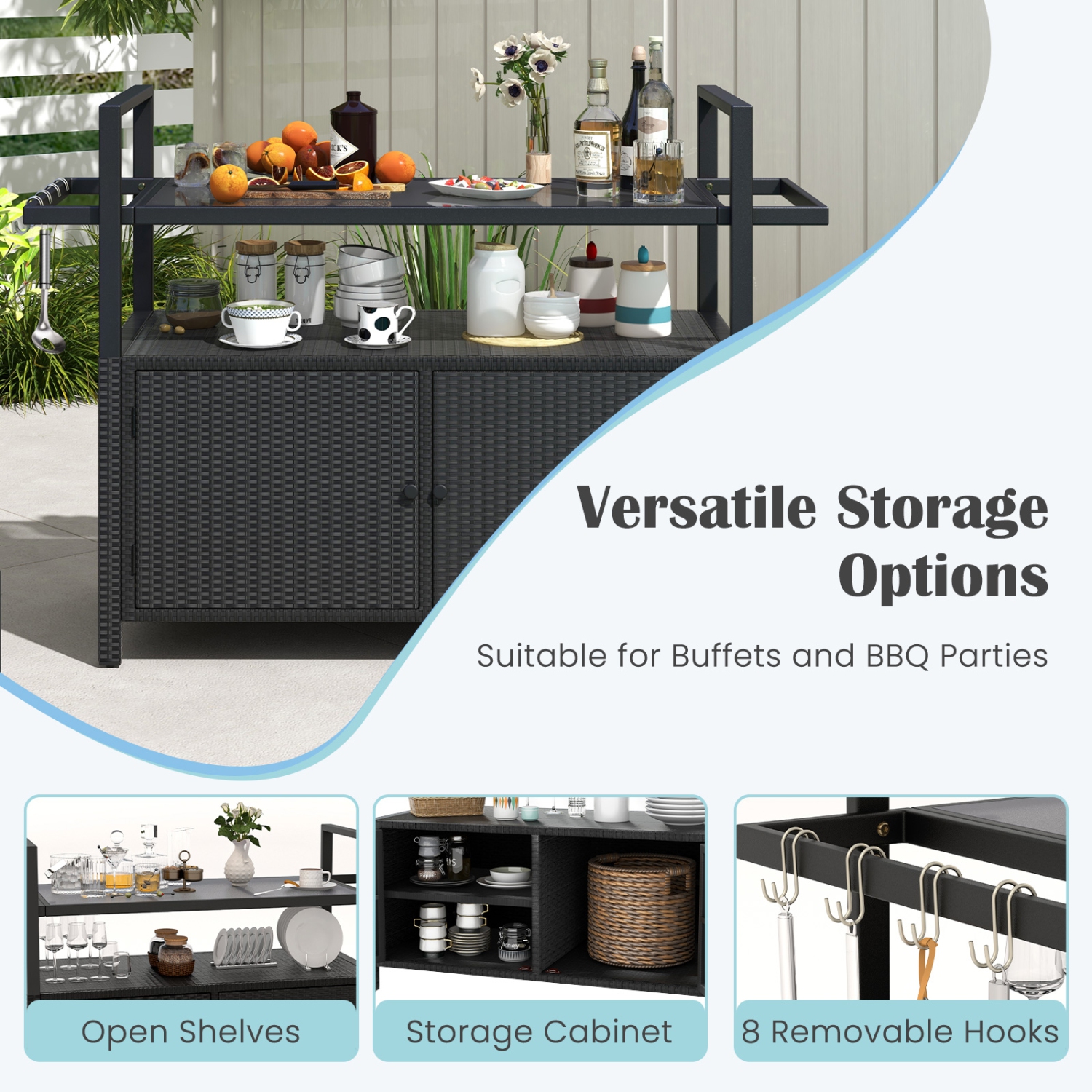 Chariot de service extérieur résistant aux intempéries avec armoire de rangement et crochets pour la piscine ou la terrasse