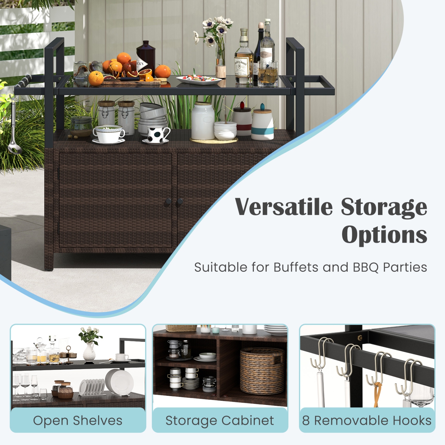 Chariot de service extérieur résistant aux intempéries avec armoire de rangement et crochets pour la piscine ou la terrasse