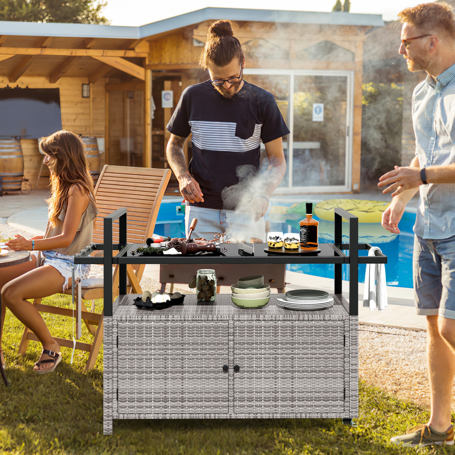 Chariot de service extérieur résistant aux intempéries avec armoire de rangement et crochets pour la piscine ou la terrasse