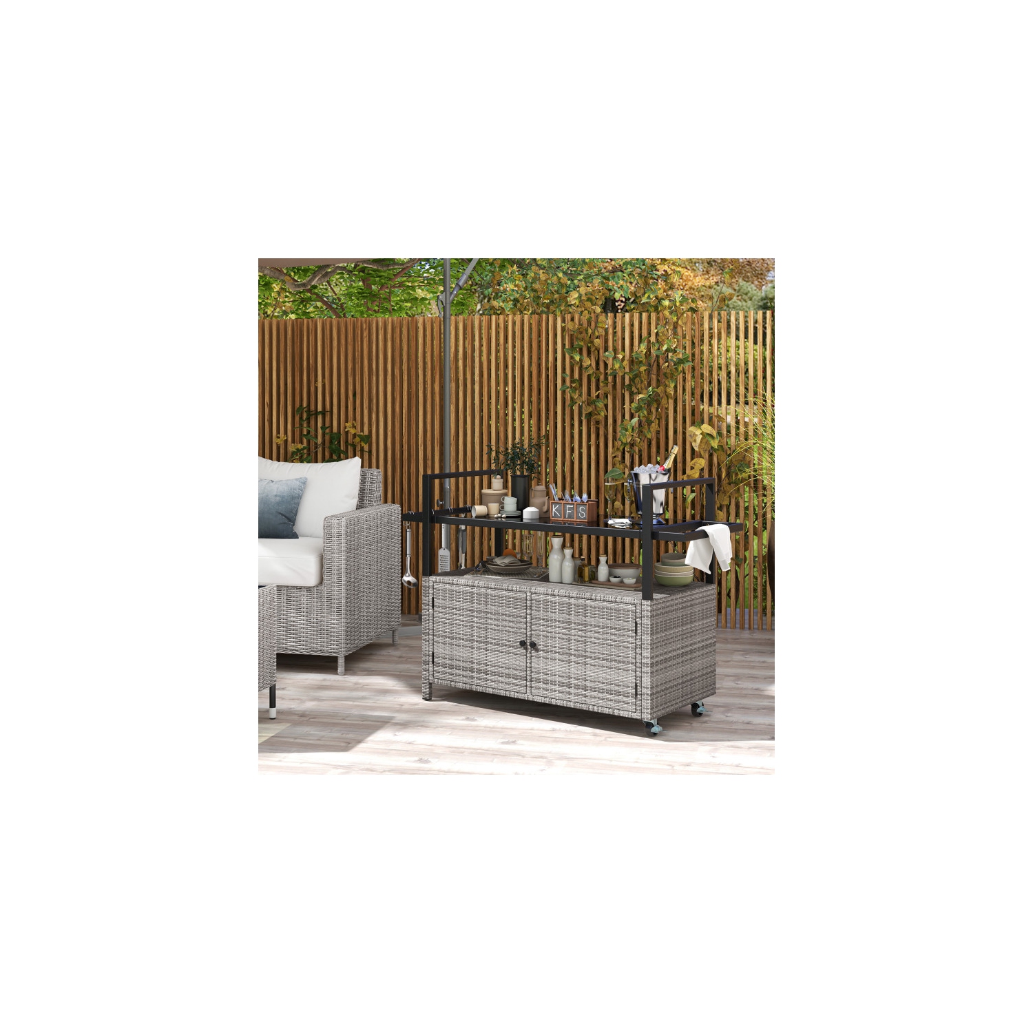 Chariot de service extérieur résistant aux intempéries avec armoire de rangement et crochets pour la piscine ou la terrasse