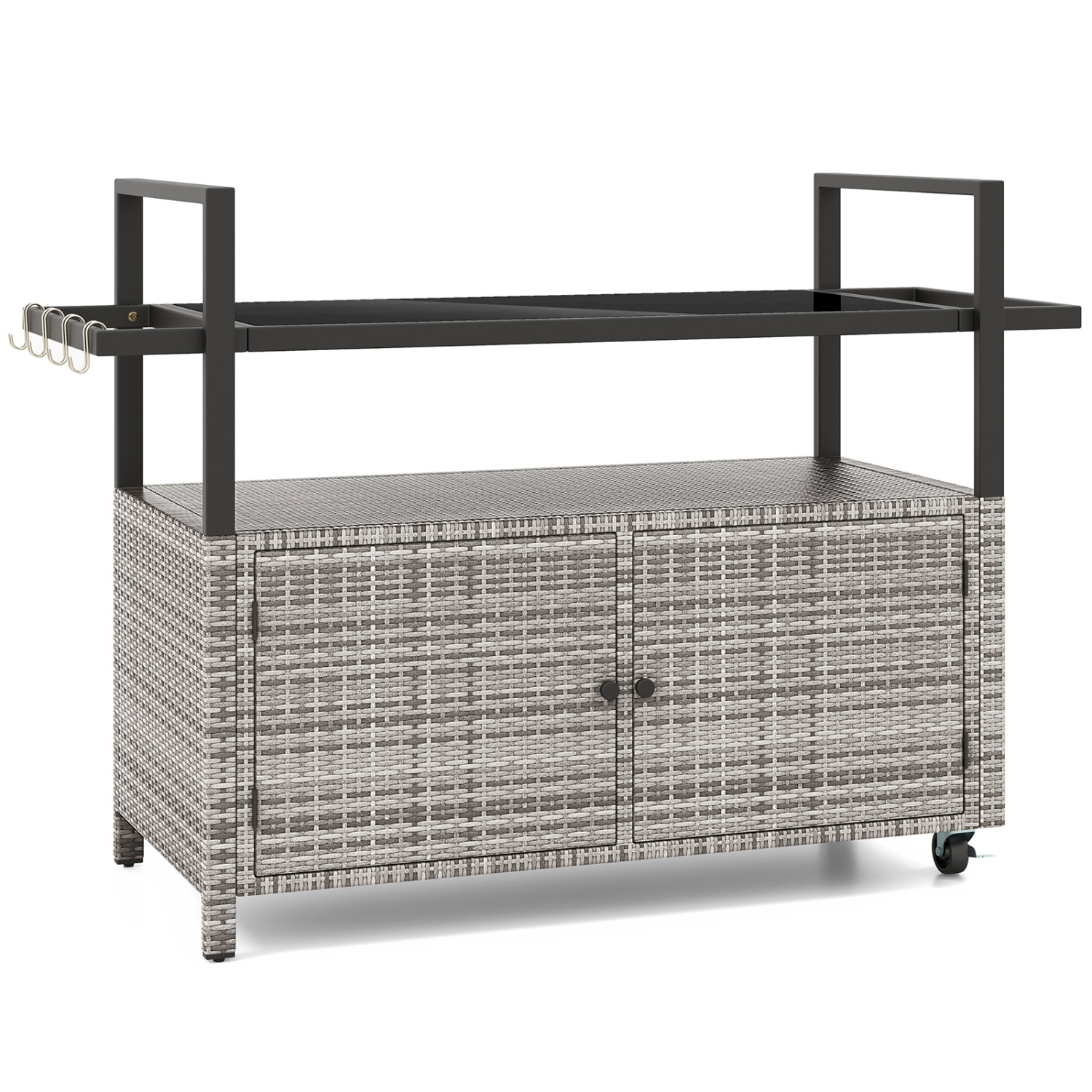 Chariot de service extérieur résistant aux intempéries avec armoire de rangement et crochets pour la piscine ou la terrasse