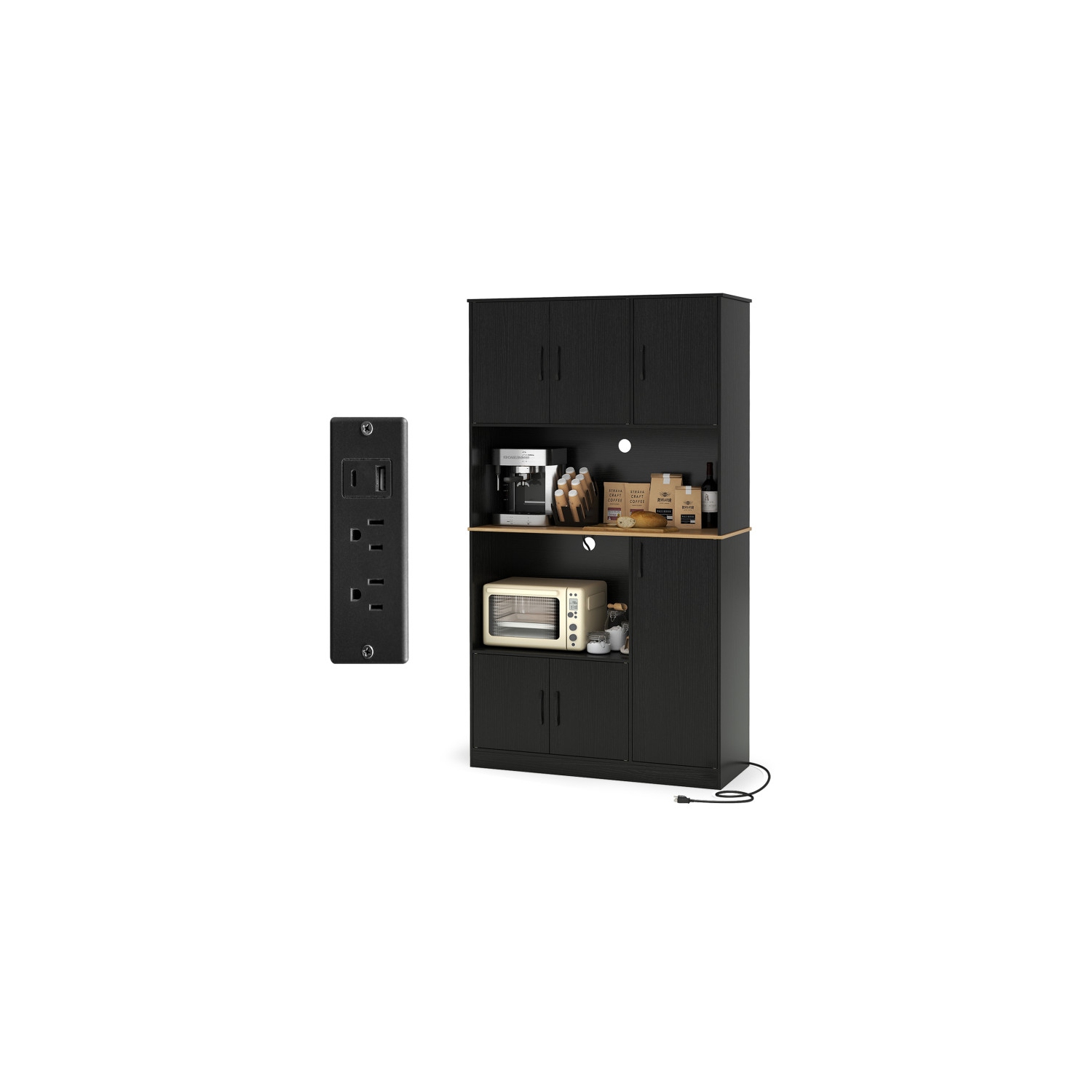 Pantry Storage Cabinet with Power Outlets and Tall Wooden Sideboard Design