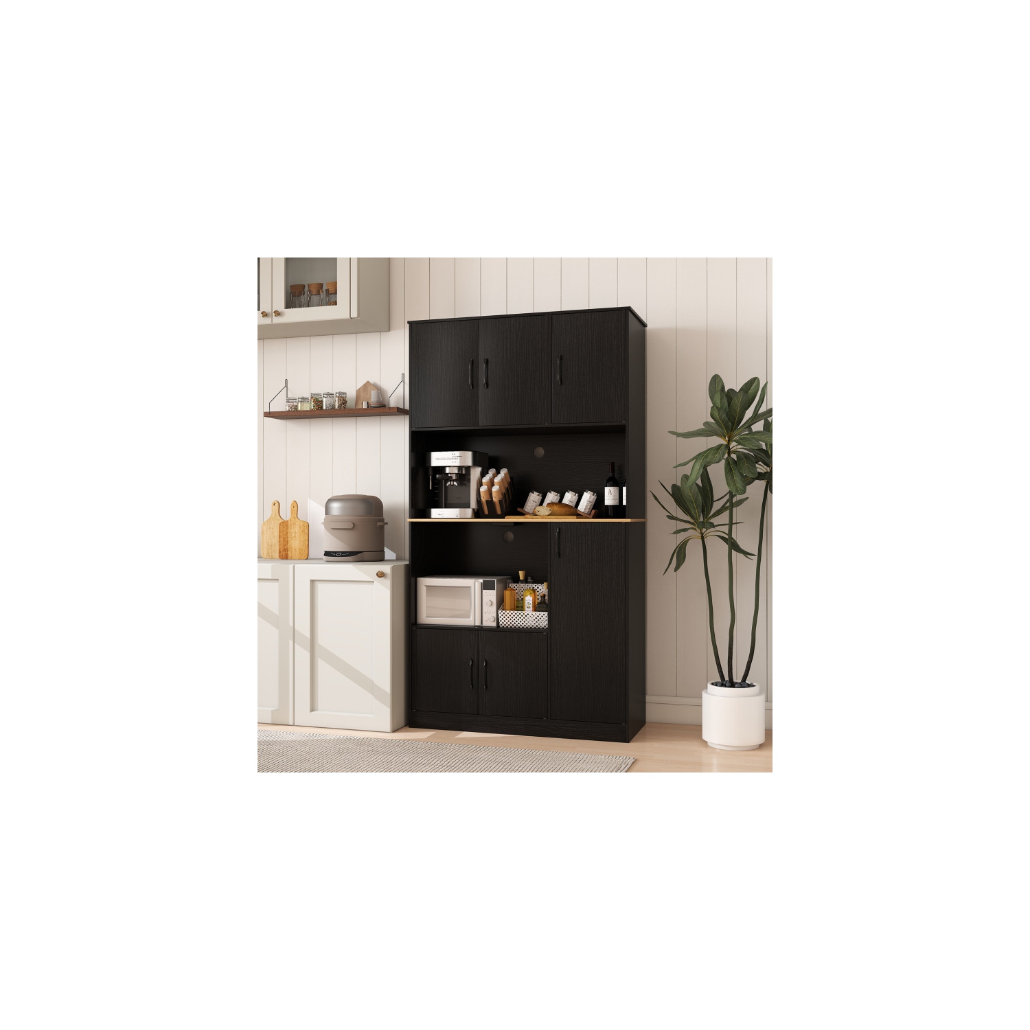 Pantry Storage Cabinet with Power Outlets and Tall Wooden Sideboard Design