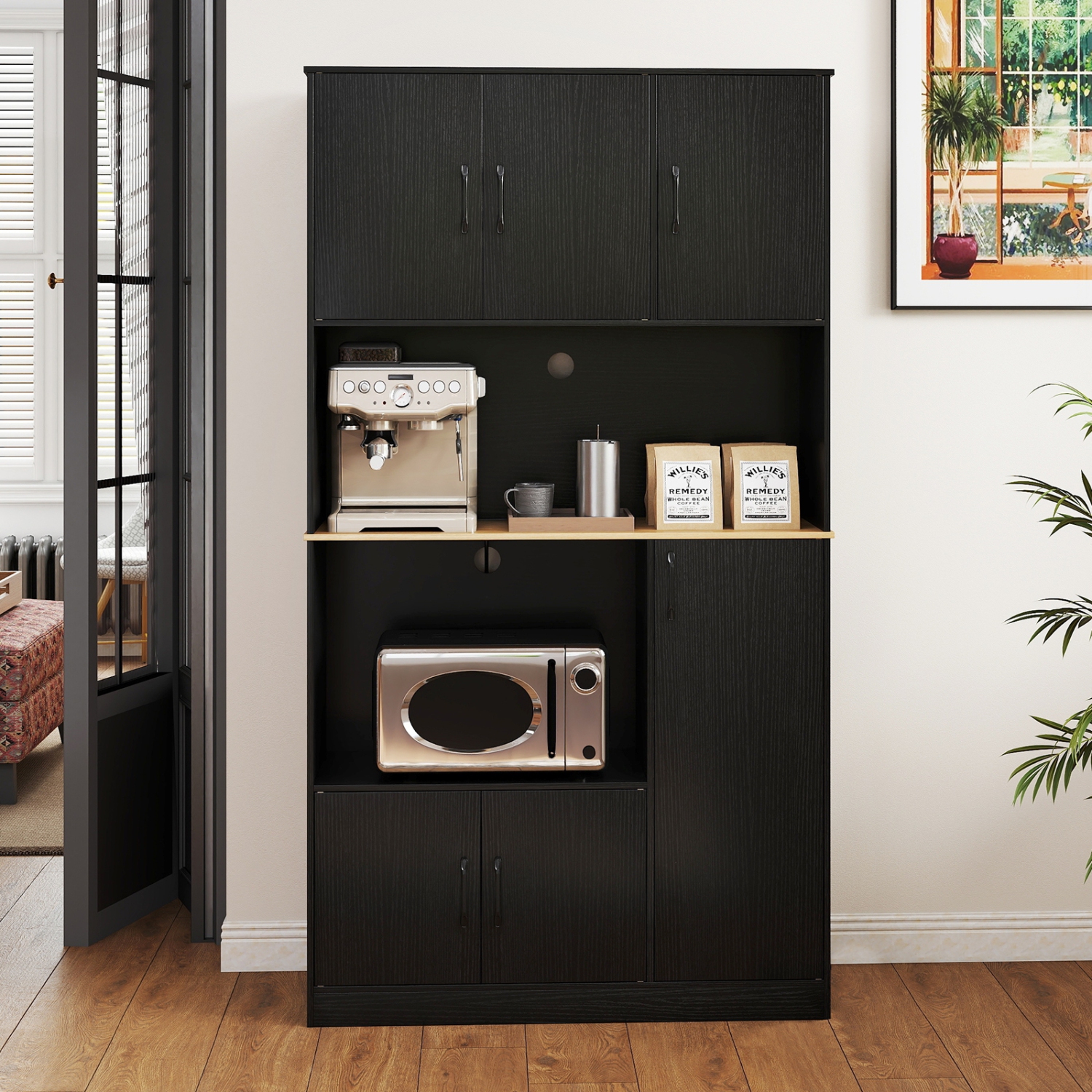 Pantry Storage Cabinet with Power Outlets and Tall Wooden Sideboard Design