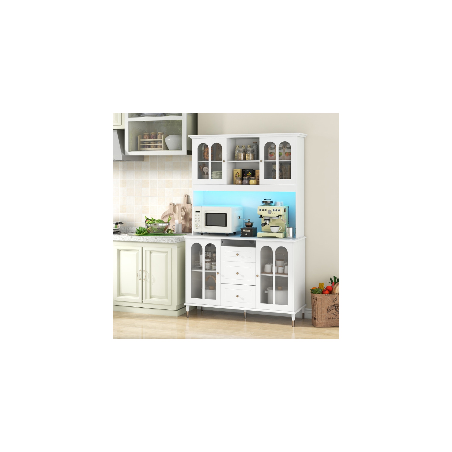 Freestanding Kitchen Pantry Cabinet with LED Lights and Ample Storage