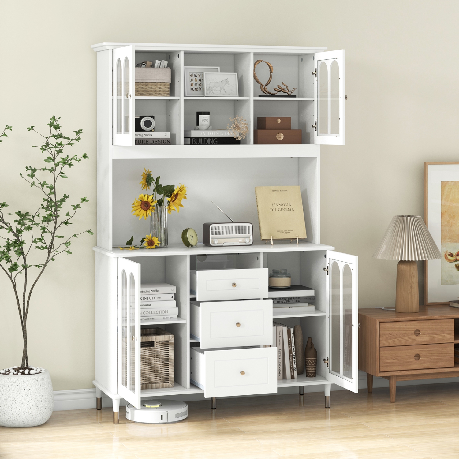 Freestanding Kitchen Pantry Cabinet with LED Lights and Ample Storage