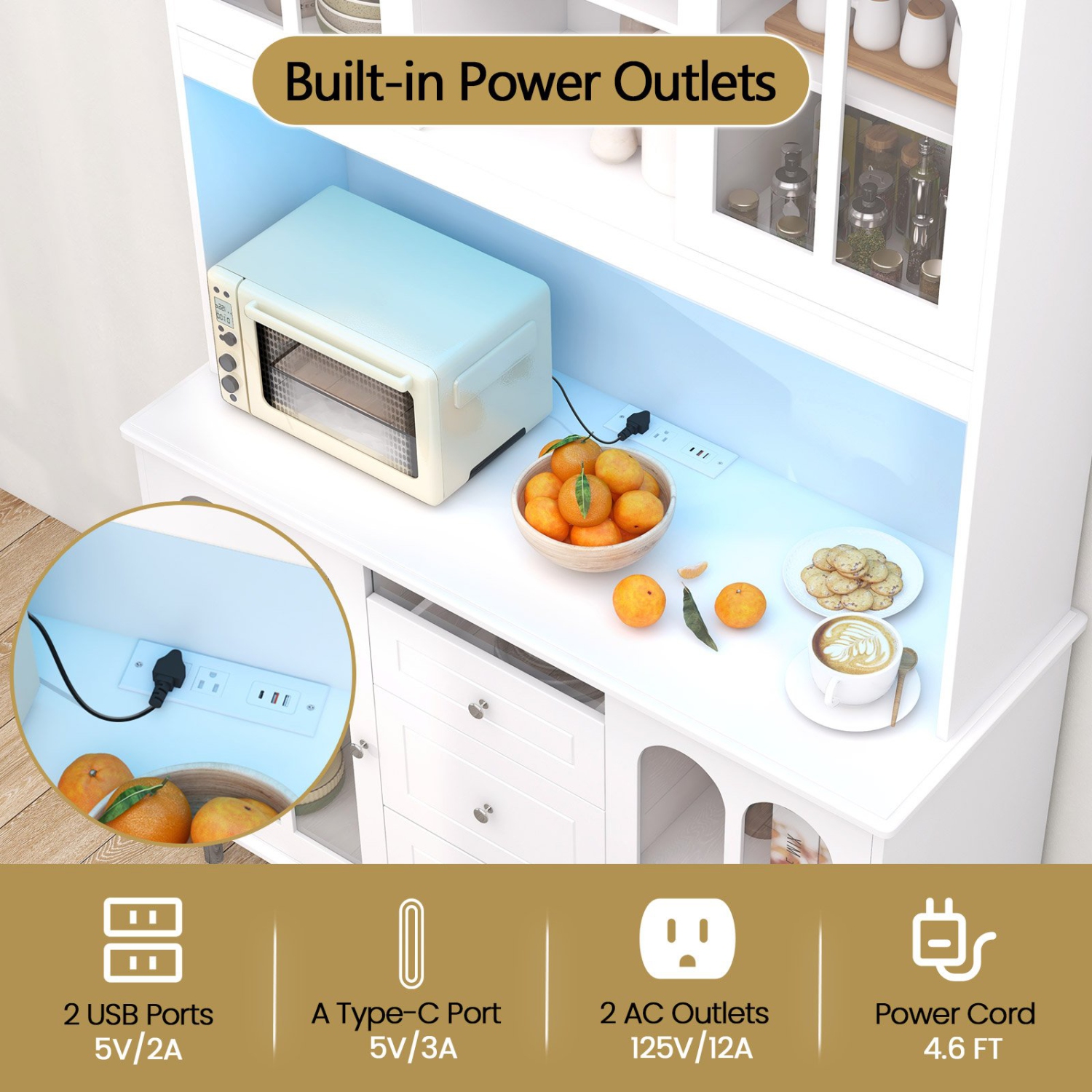 Freestanding Kitchen Pantry Cabinet with LED Lights and Ample Storage