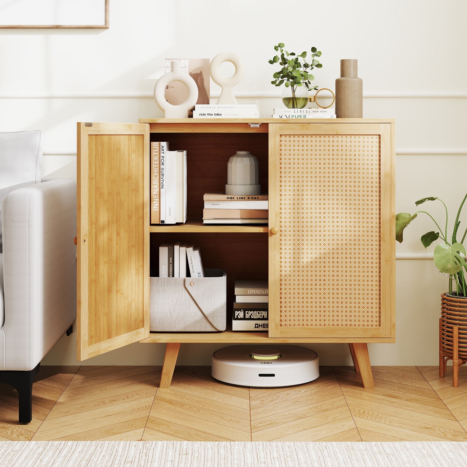 Freestanding Kitchen Cupboard with PE Rattan Doors and Ample Storage