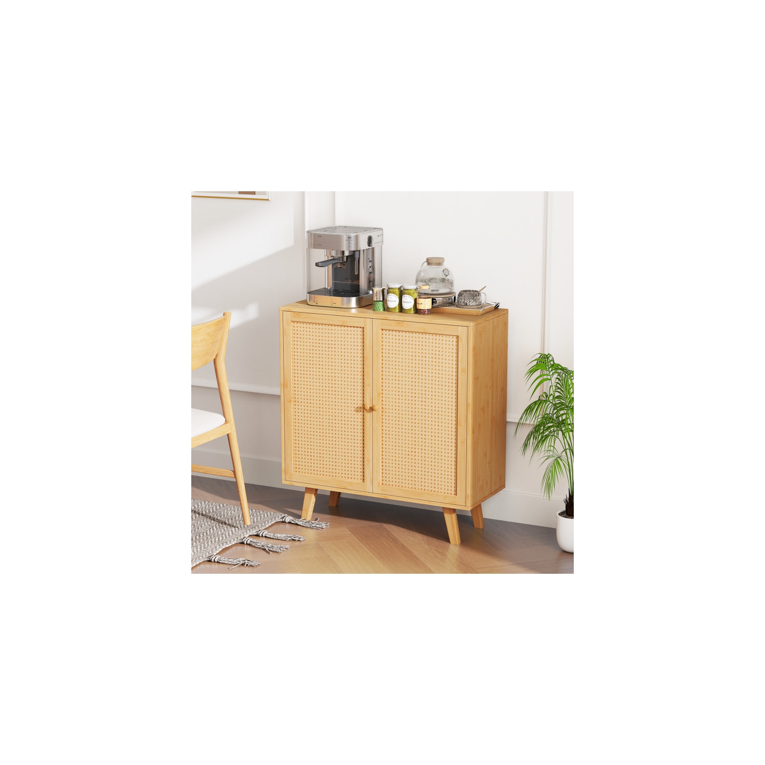 Freestanding Kitchen Cupboard with PE Rattan Doors and Ample Storage