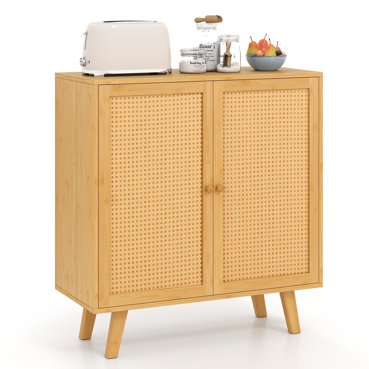 Freestanding Kitchen Cupboard with PE Rattan Doors and Ample Storage