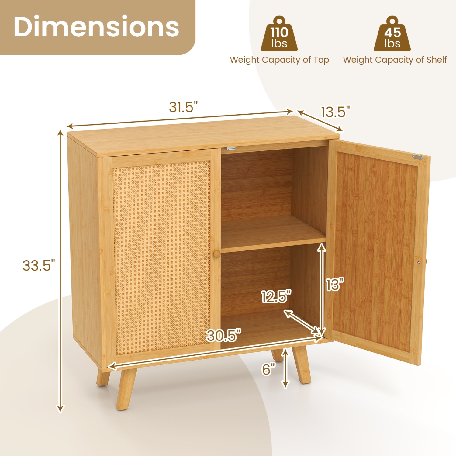 Freestanding Kitchen Cupboard with PE Rattan Doors and Ample Storage