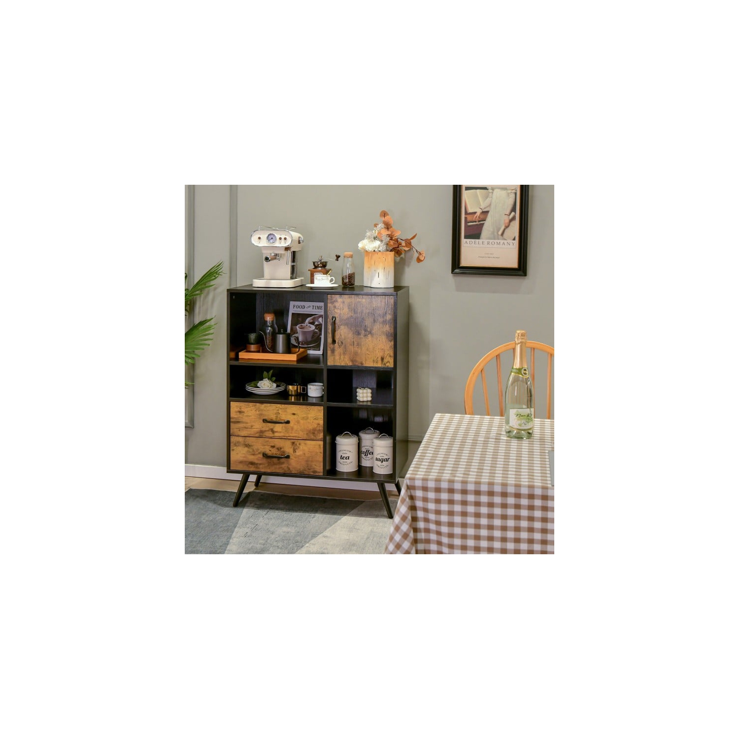 Industrial Buffet Sideboard Kitchen Cupboard with Cubbies Drawers-Rustic Brown