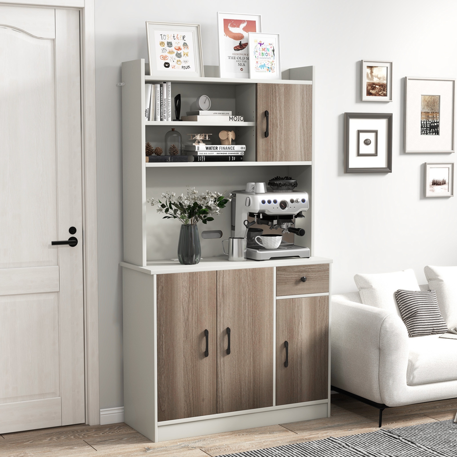 Kitchen Pantry Cabinet with Built-in Charging Station and Storage Shelves