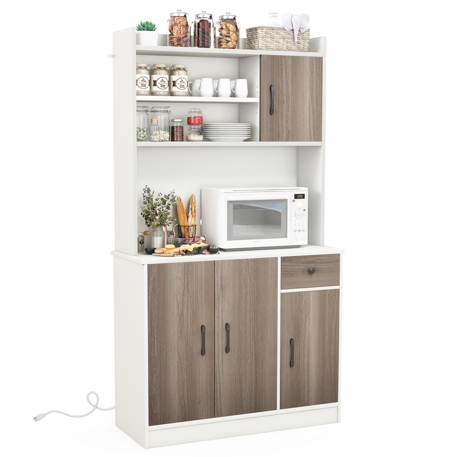 Kitchen Pantry Cabinet with Built-in Charging Station and Storage Shelves
