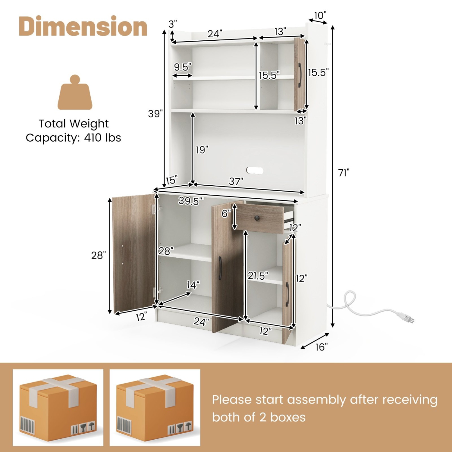 Kitchen Pantry Cabinet with Built-in Charging Station and Storage Shelves