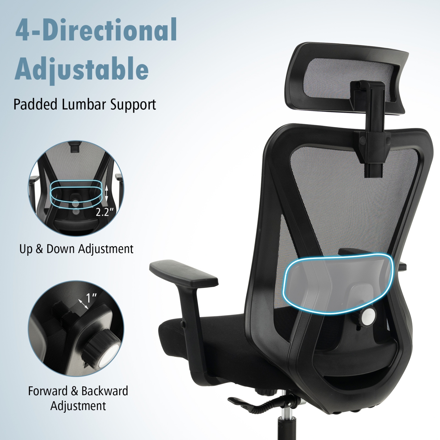 Fauteuil de bureau ergonomique réglable en filet avec dossier pivotant et berçant