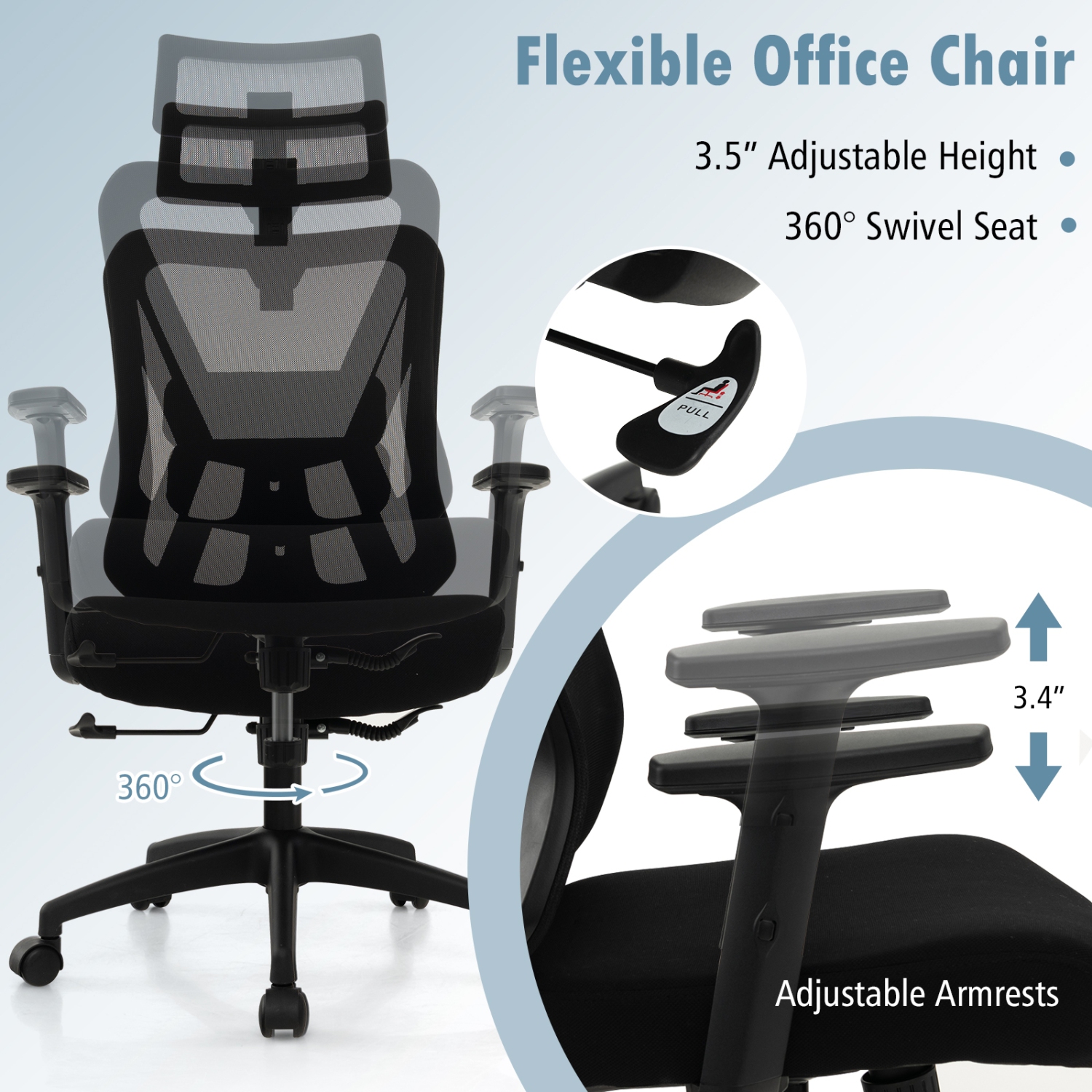 Fauteuil de bureau ergonomique réglable en filet avec dossier pivotant et berçant