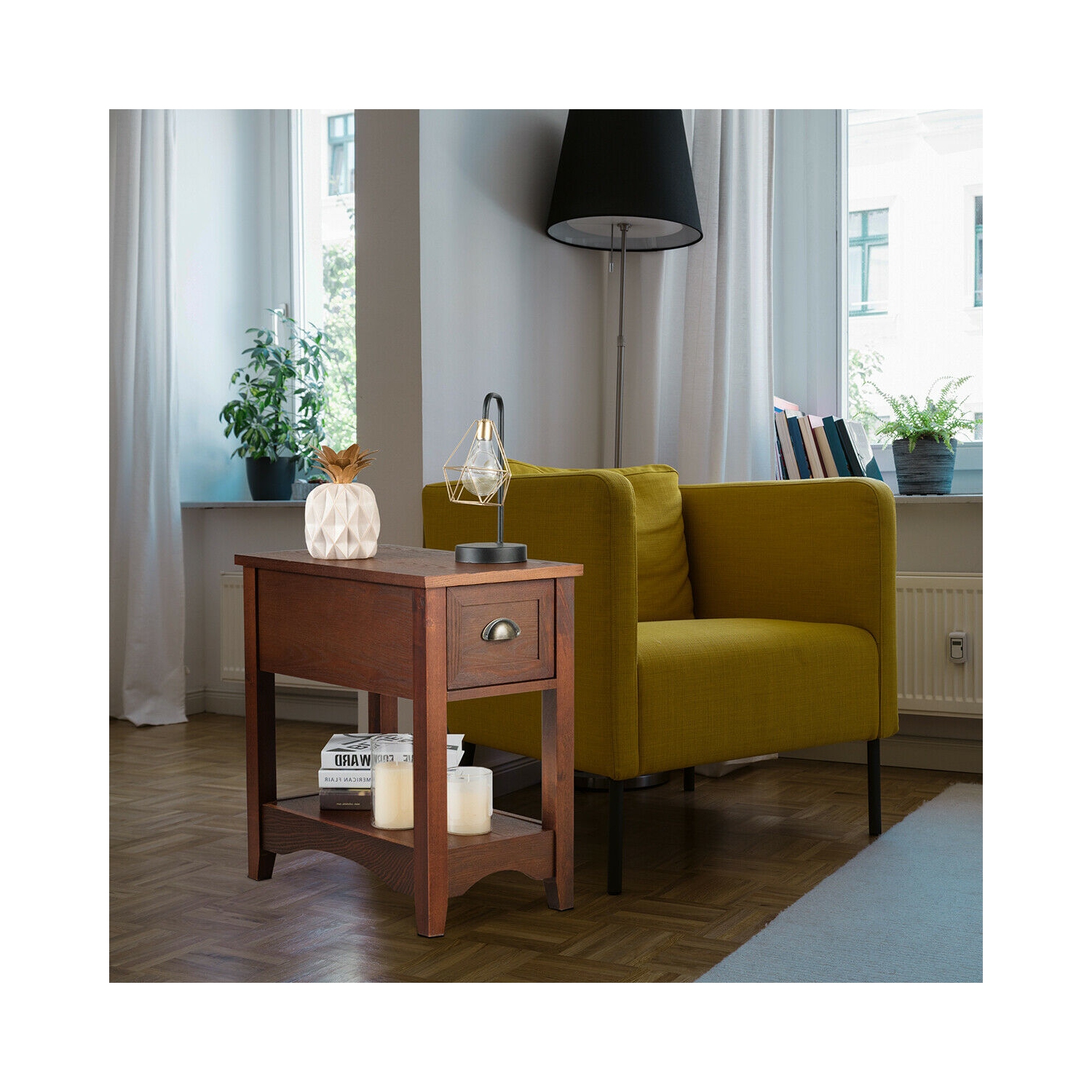 Table d'appoint contemporaine – Table d'extrémité compacte avec tiroir de rangement et tablette