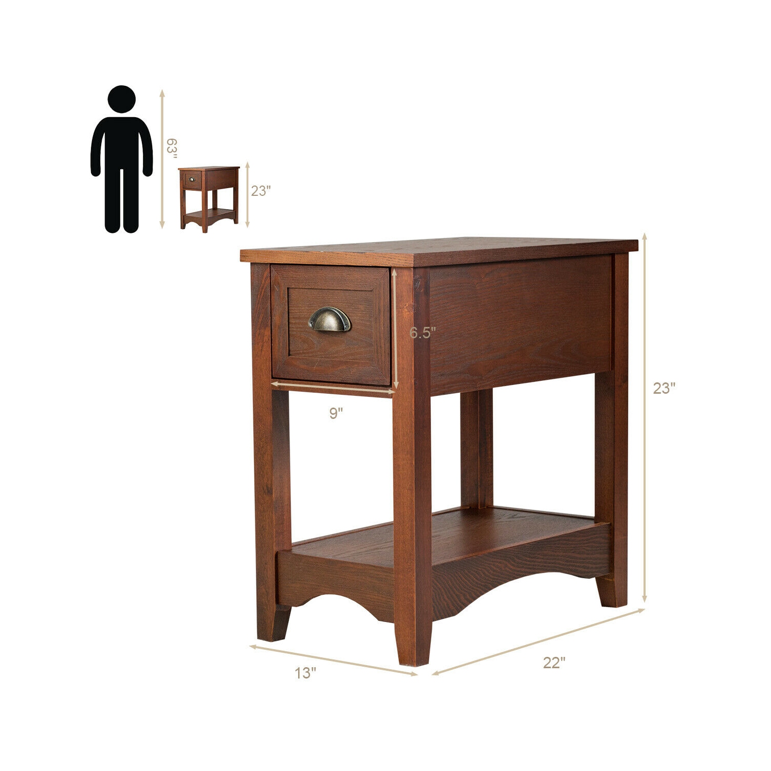 Table d'appoint contemporaine – Table d'extrémité compacte avec tiroir de rangement et tablette