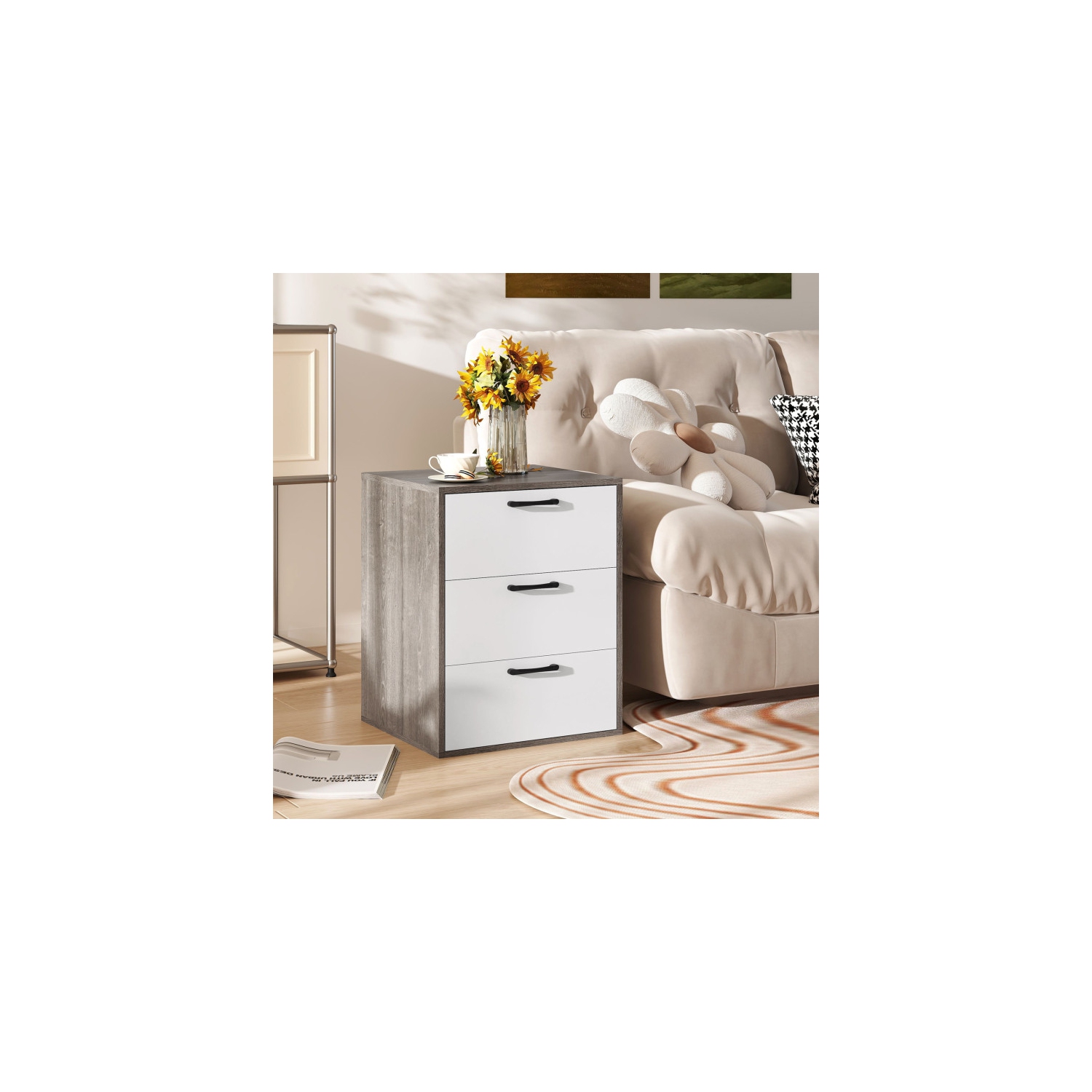 Commode de table de chevet moderne avec 3 tiroirs coulissants pour le rangement dans la chambre à coucher